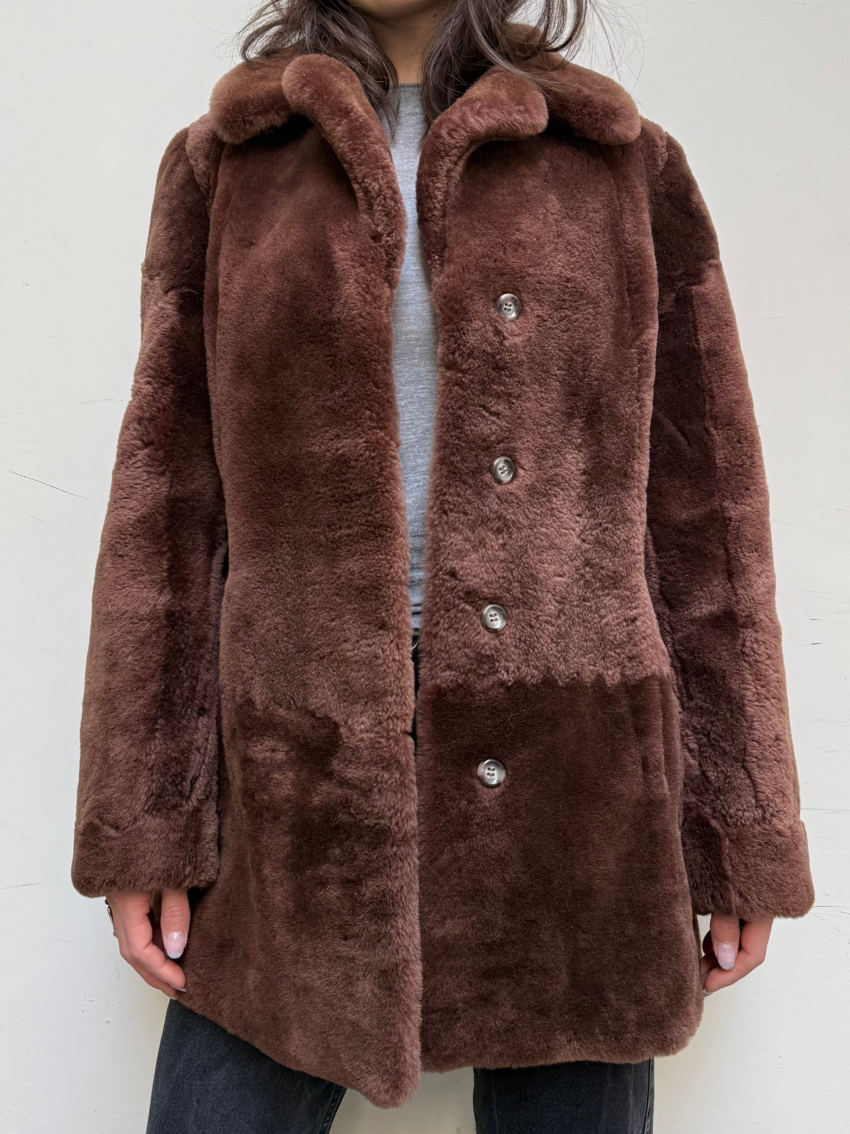 Vintage 100% Real Lamb Shearling Brown Teddy Coat S/M