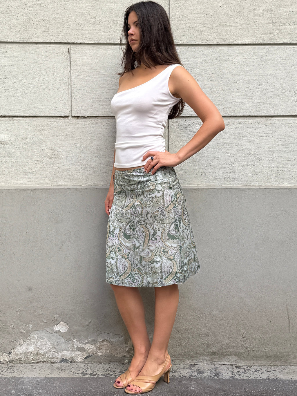 Vintage 90’s 100% Silk Paisley Light Teal Skirt S/M
