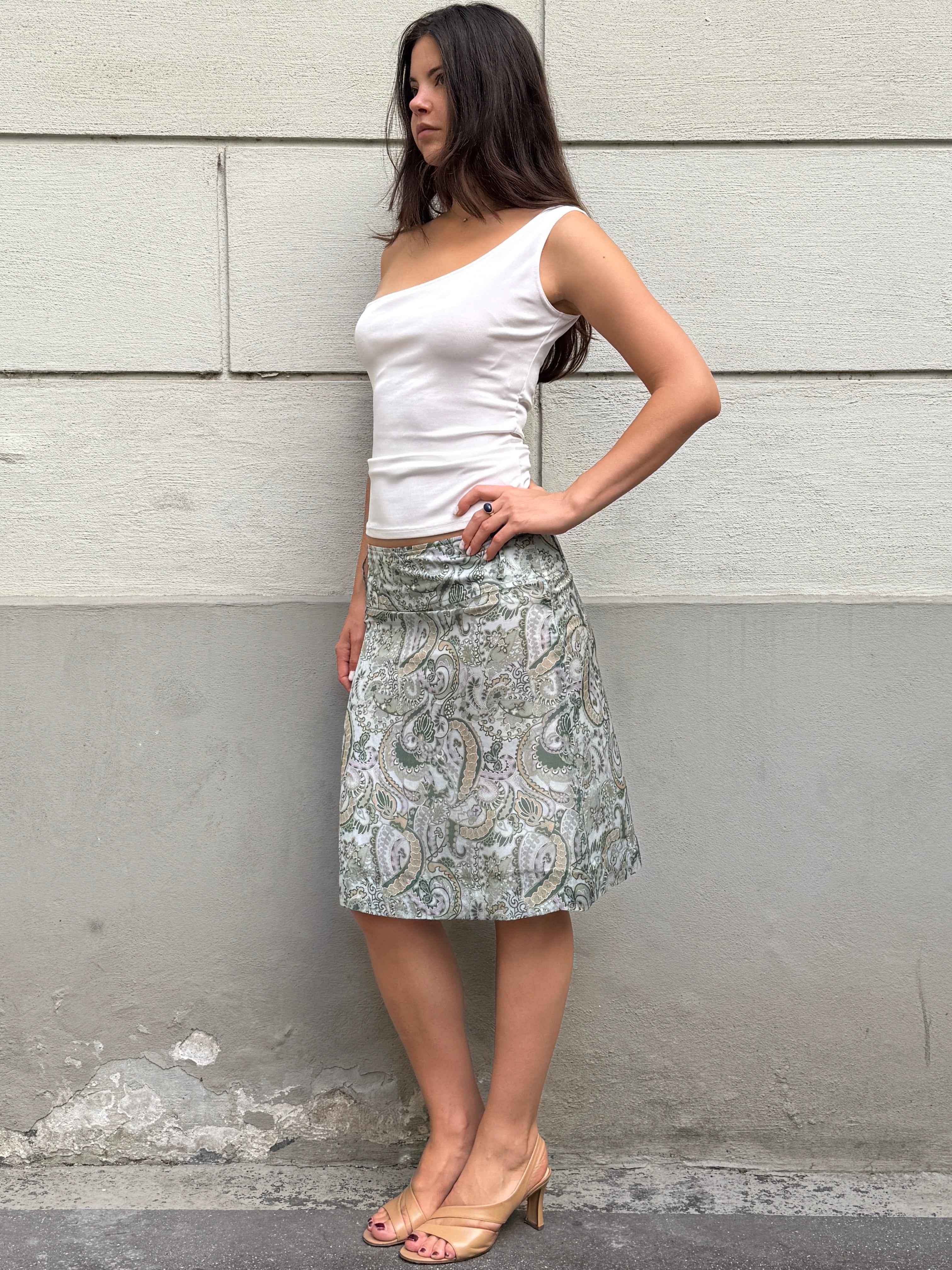 Vintage 90’s 100% Silk Paisley Light Teal Skirt S/M