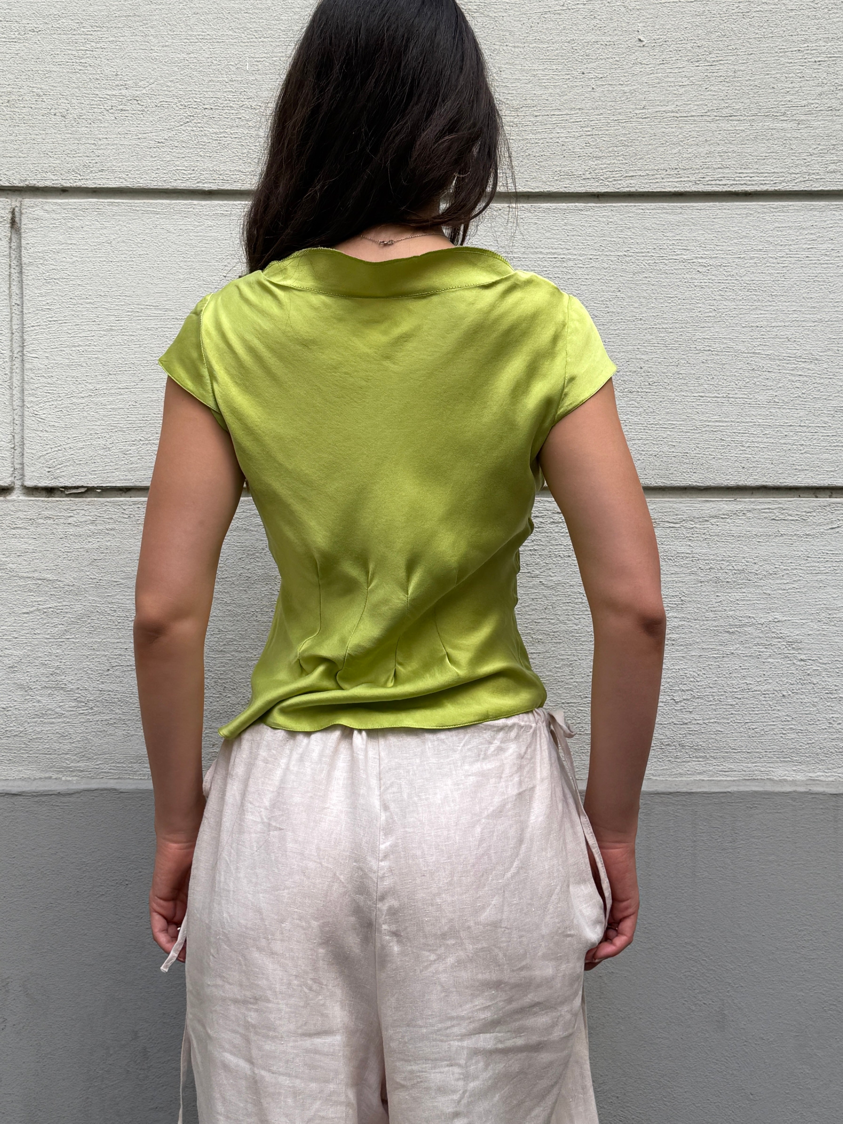 100% Silk Lime Green Tailor Made Cowl Neck Blouse S/M