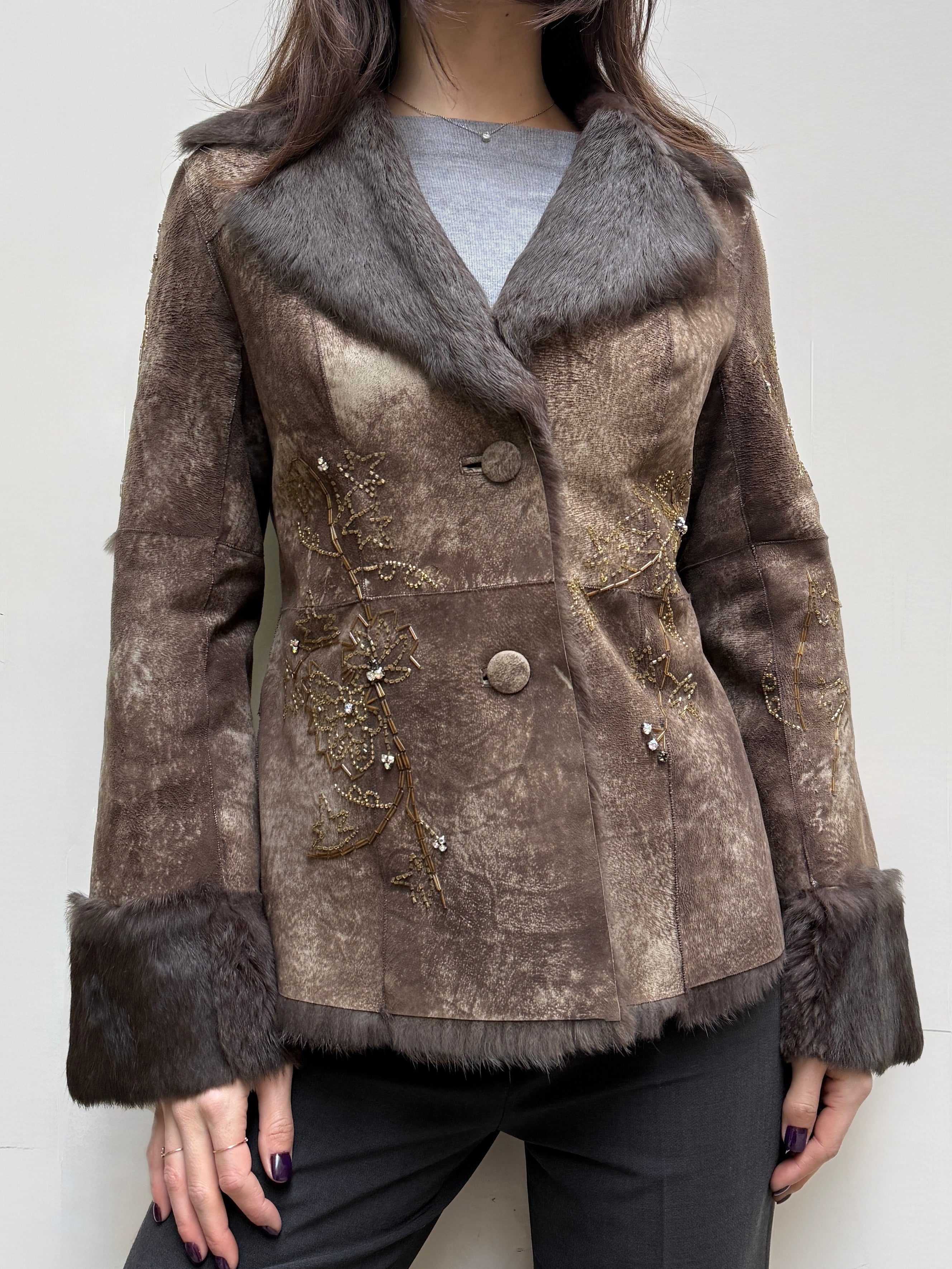 Vintage Rene Derhy 100% Genuine Brown Rabbit Fur & Sequin Jacket M