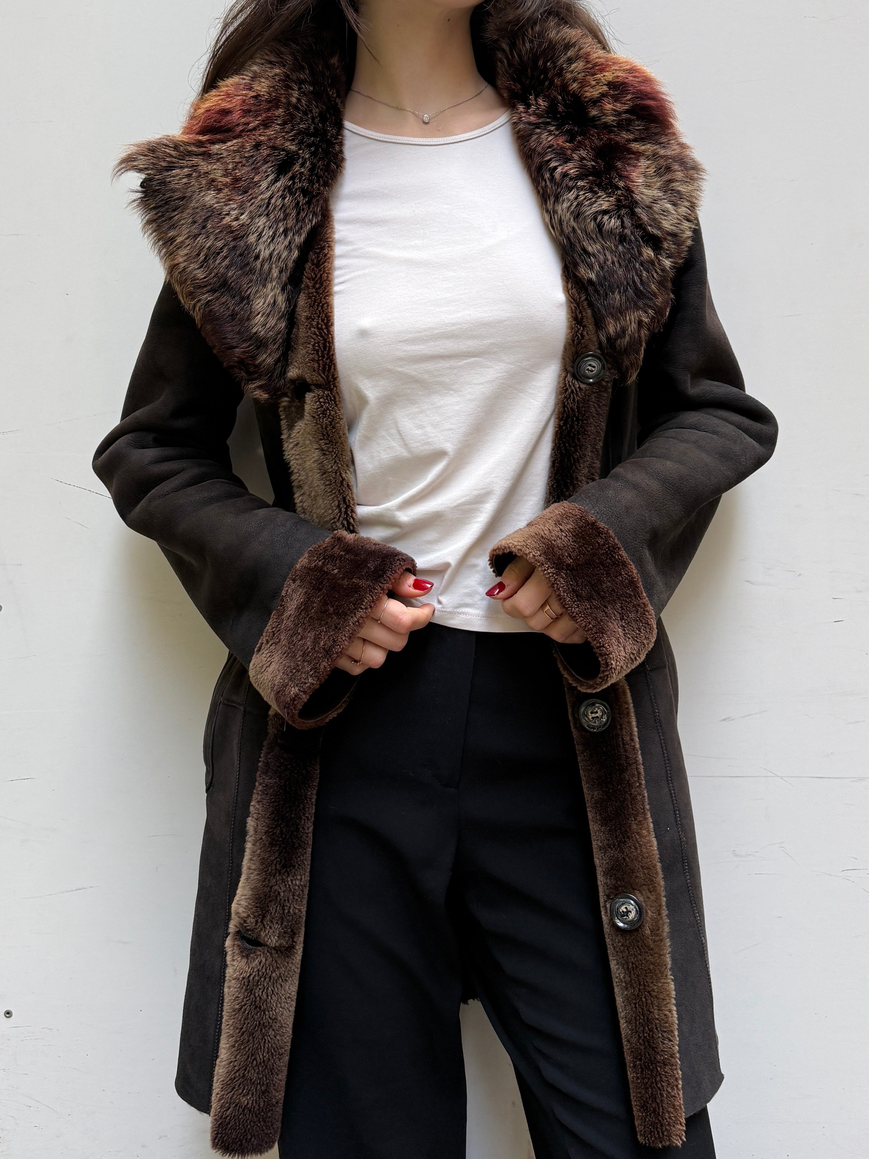 Vintage 100% Genuine Lamb Shearling & Leather Reversible Hoodie Coat M