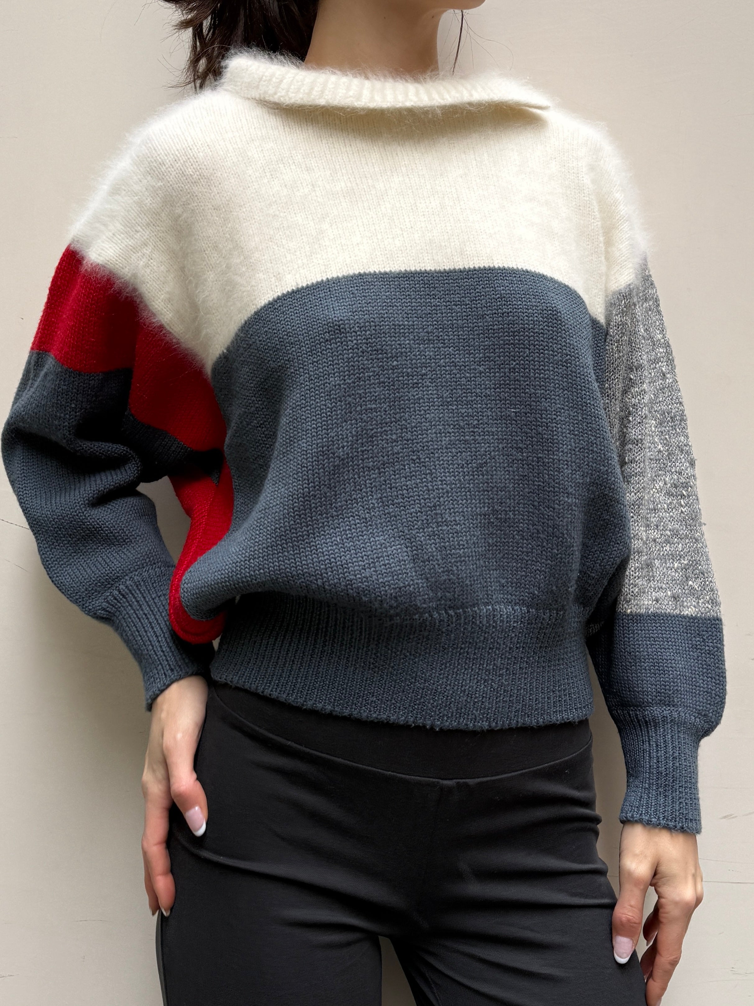 Vintage Angora Color-block Mockneck Pullover Sweater M