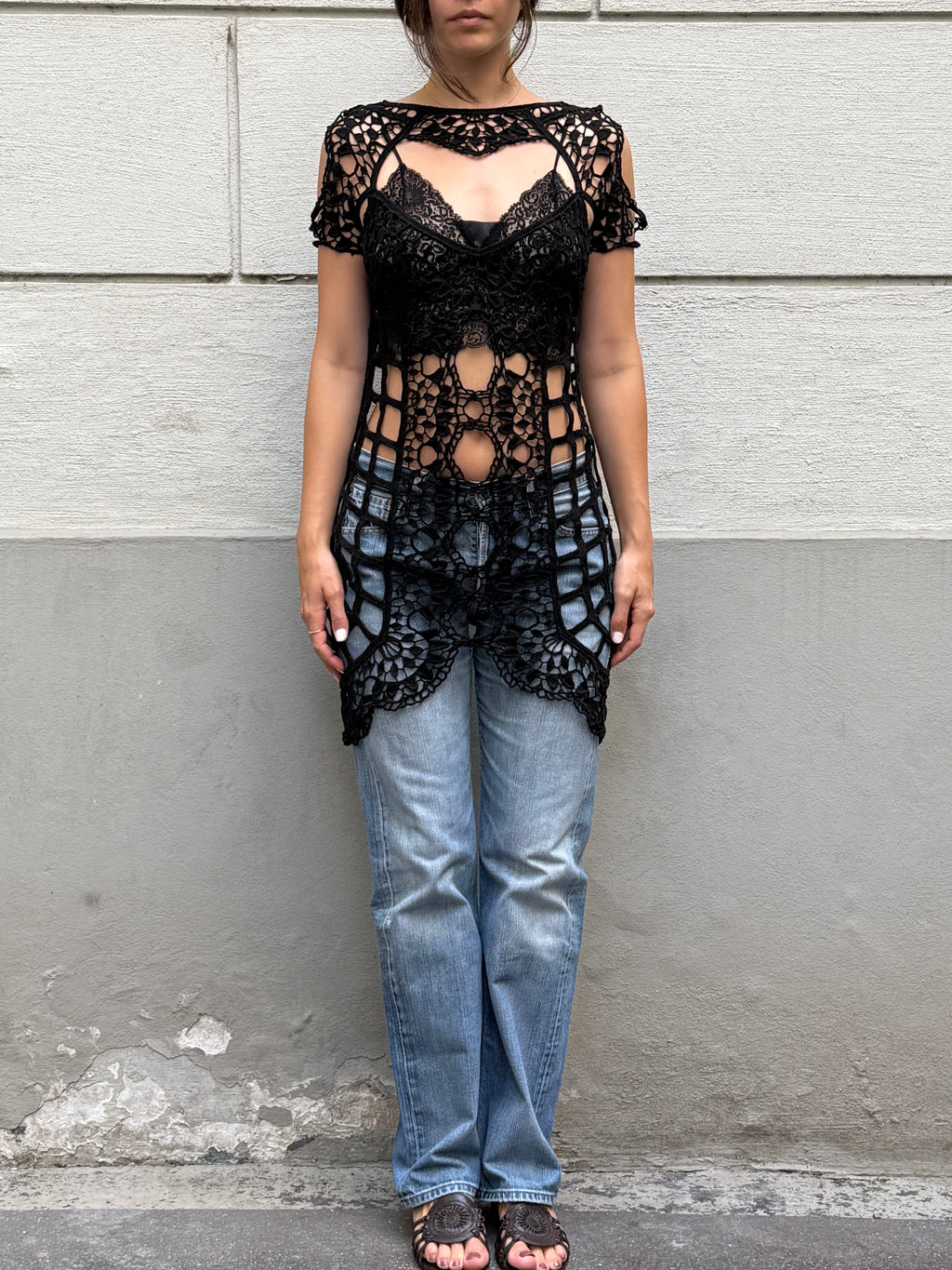 For Love & Lemons Black 100% Cotton Crochet Cover Up Dress