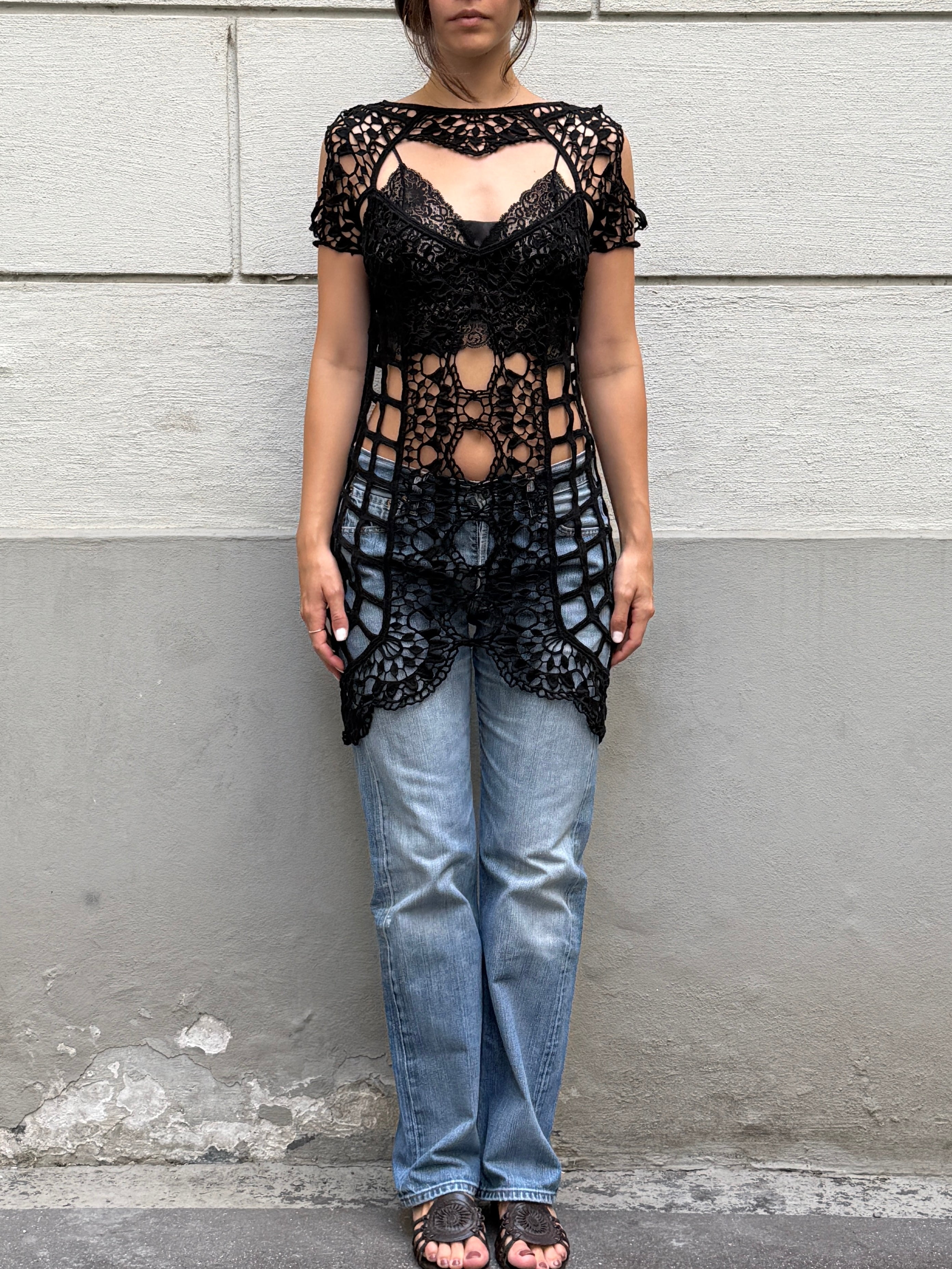 For Love & Lemons Black 100% Cotton Crochet Cover Up Dress