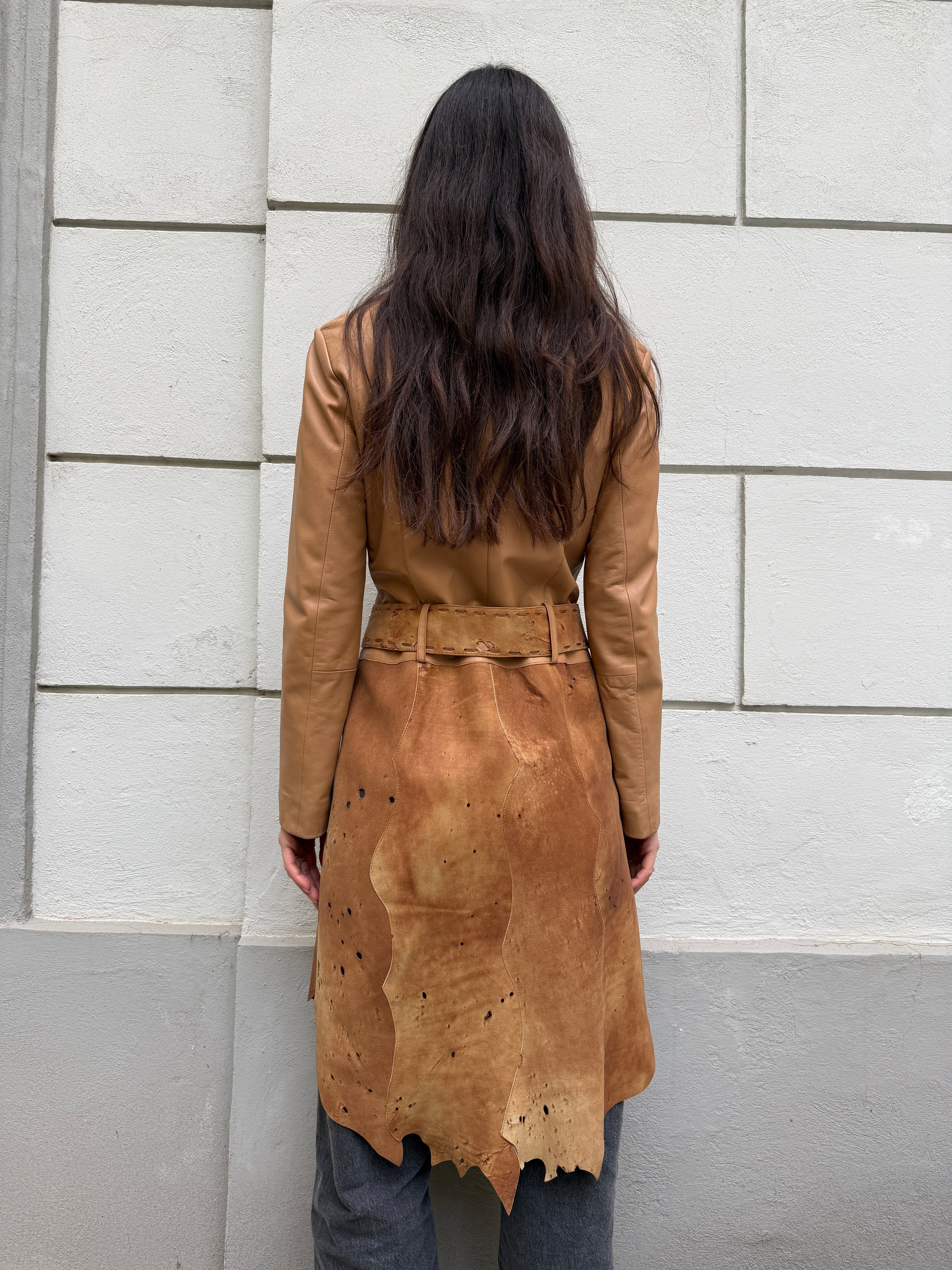 Vintage Distressed 100% Genuine Leather Belted Coat Jacket M