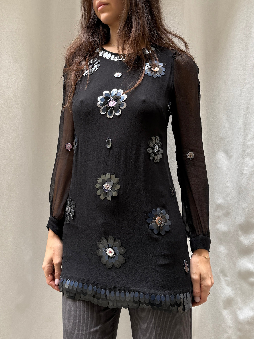 Vintage 100% Silk Sequin/Beaded Mini Dress S/Petite