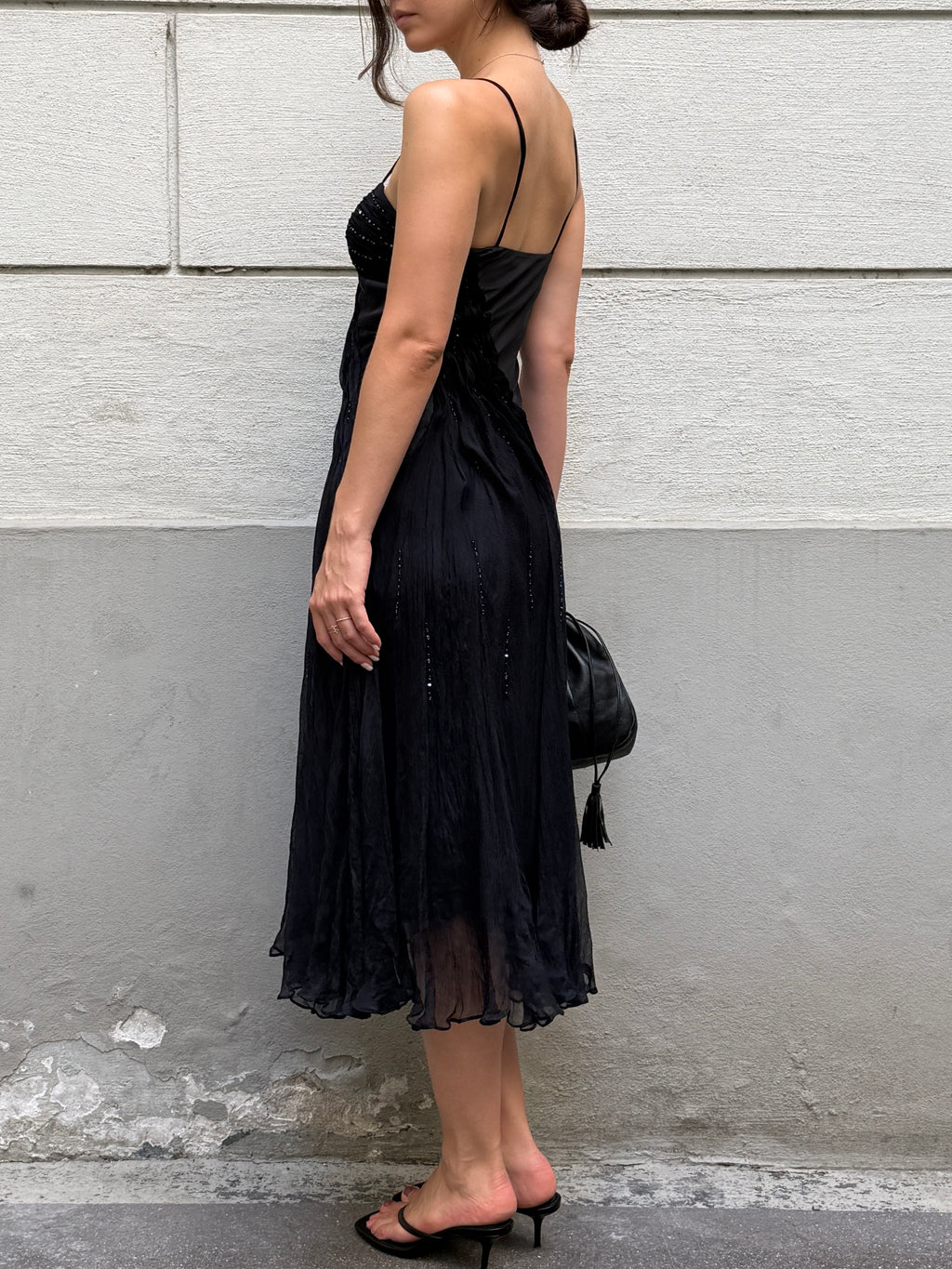 Vintage 100% Silk Black Sequin Bustier Midi Dress S