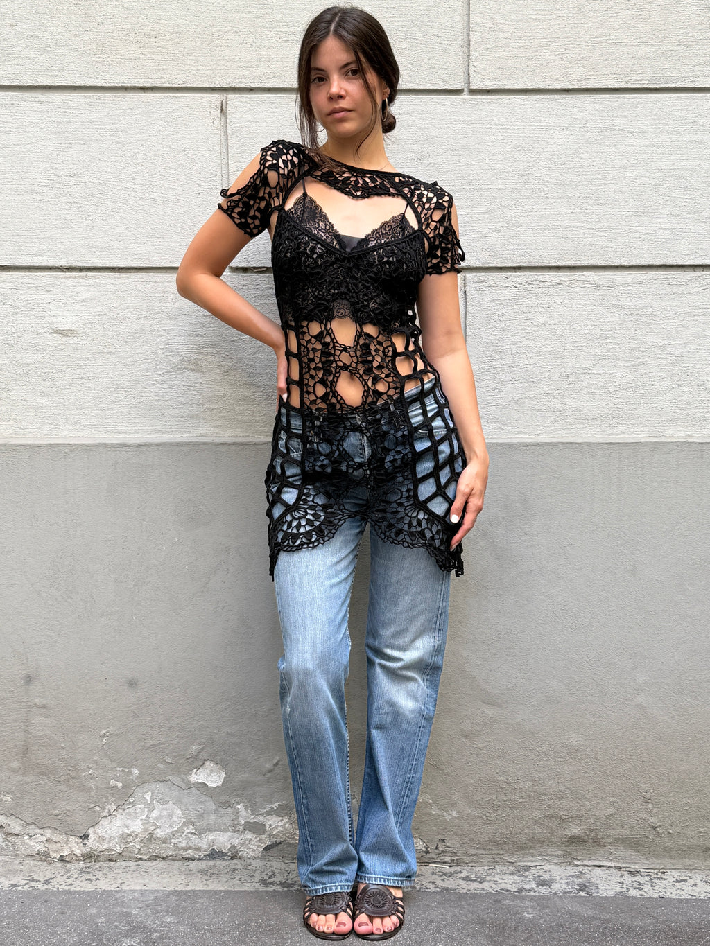 For Love & Lemons Black 100% Cotton Crochet Cover Up Dress
