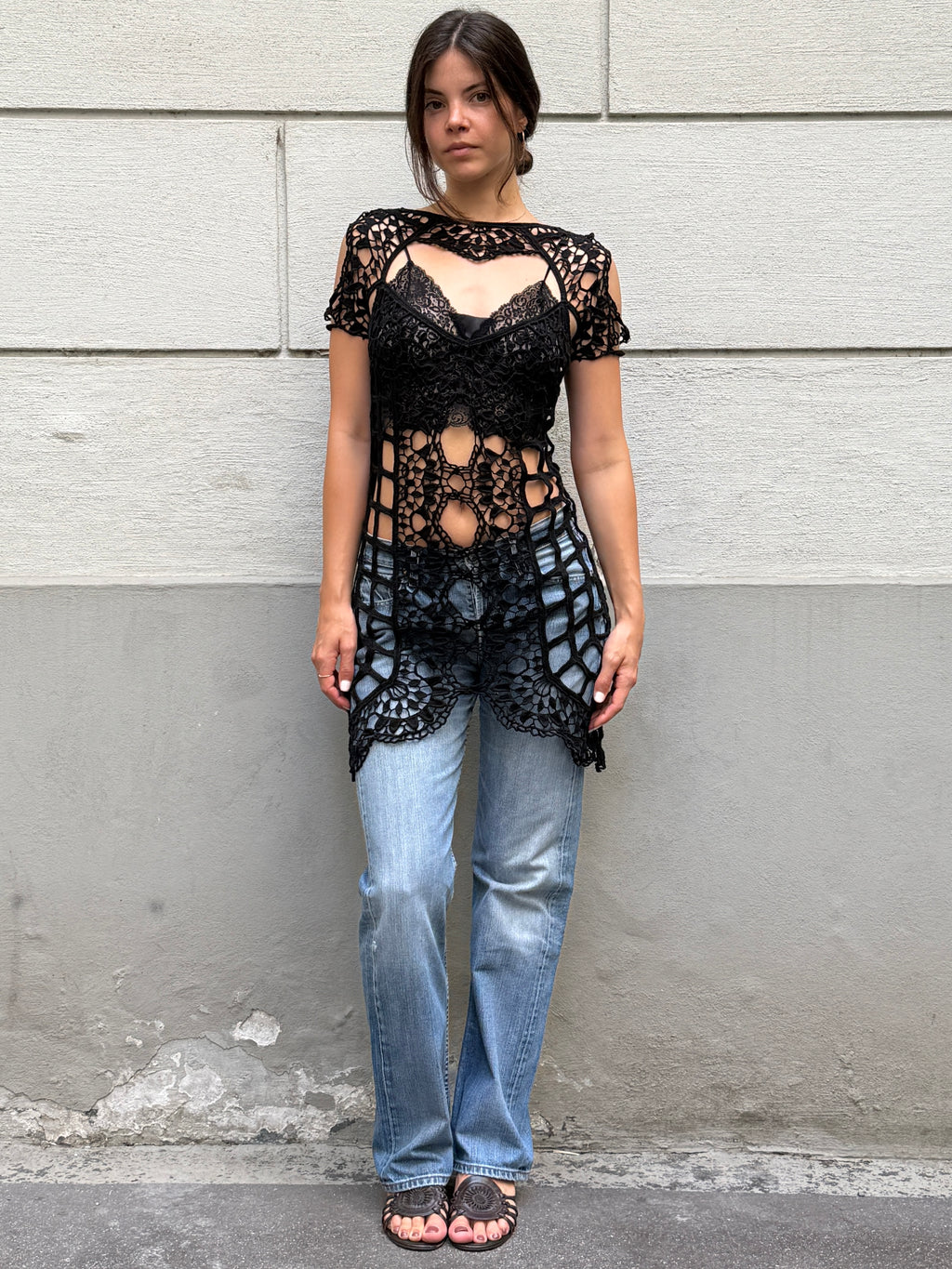 For Love & Lemons Black 100% Cotton Crochet Cover Up Dress