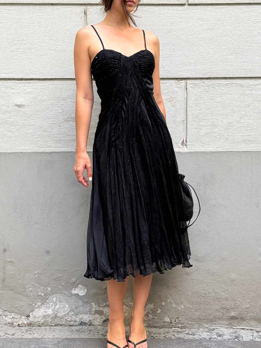 Vintage 100% Silk Black Sequin Bustier Midi Dress S