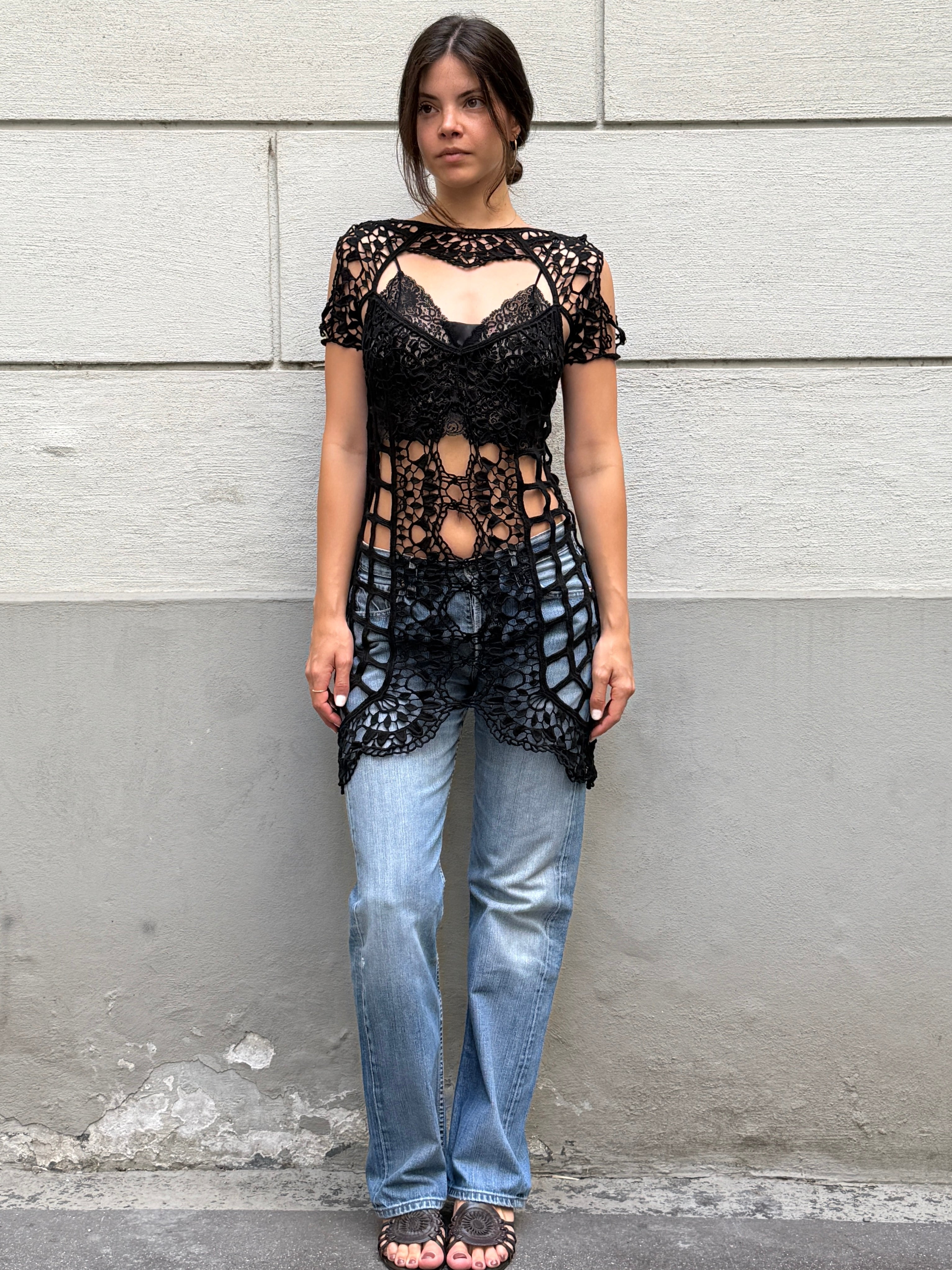 For Love & Lemons Black 100% Cotton Crochet Cover Up Dress