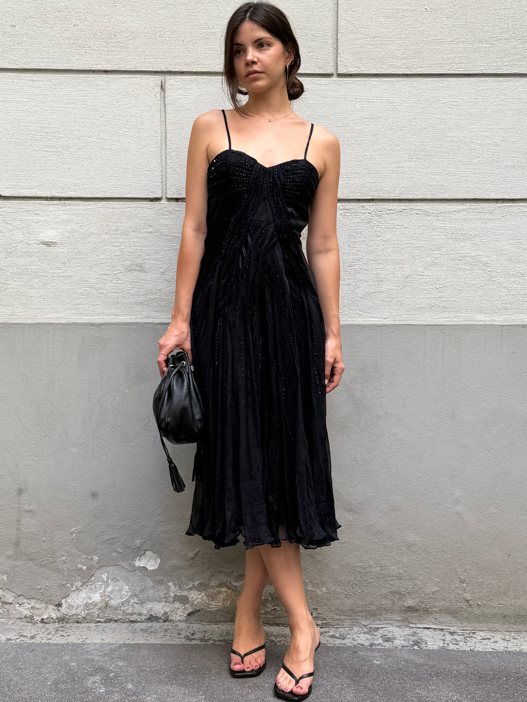 Vintage 100% Silk Black Sequin Bustier Midi Dress S
