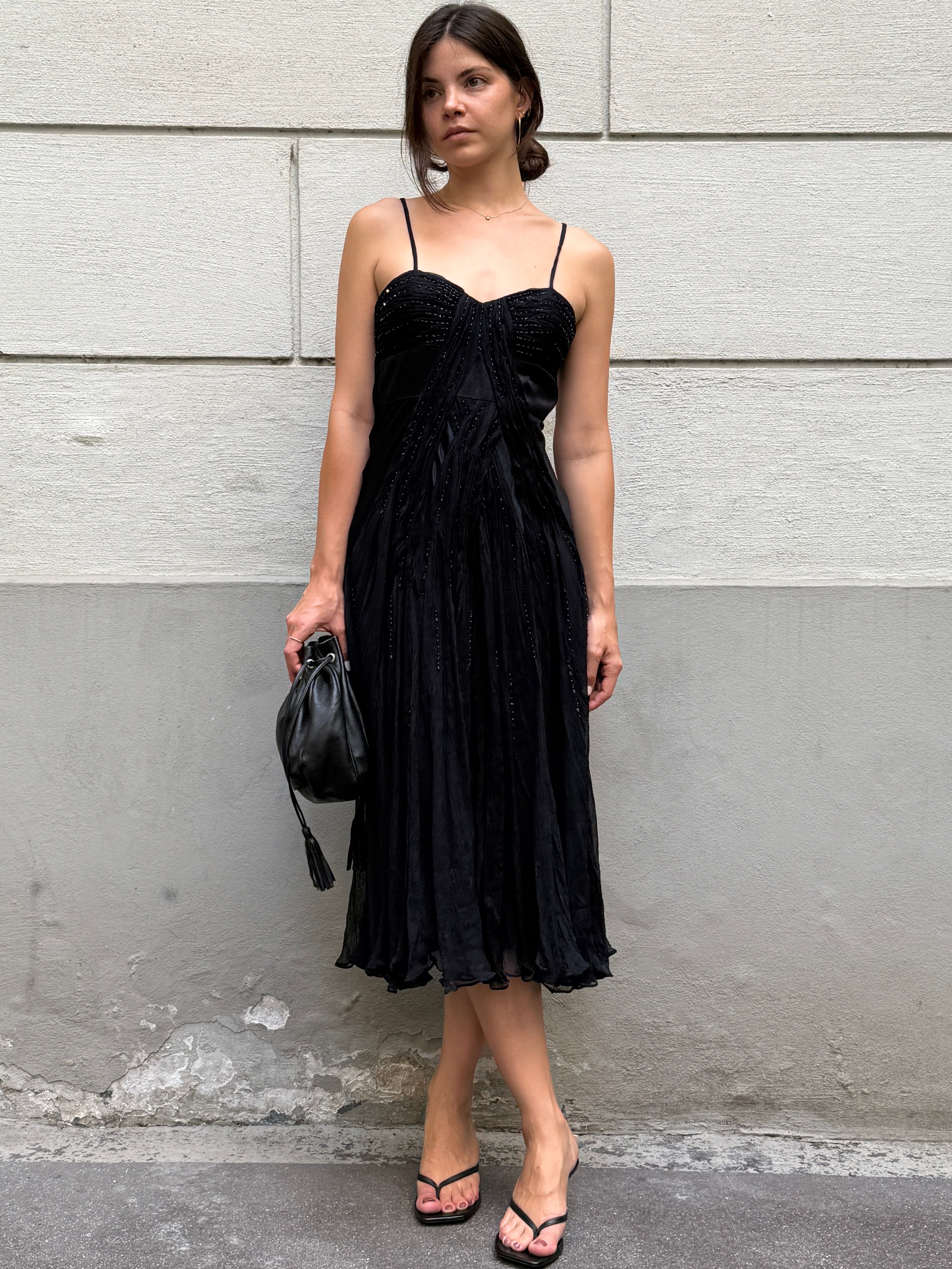 Vintage 100% Silk Black Sequin Bustier Midi Dress S