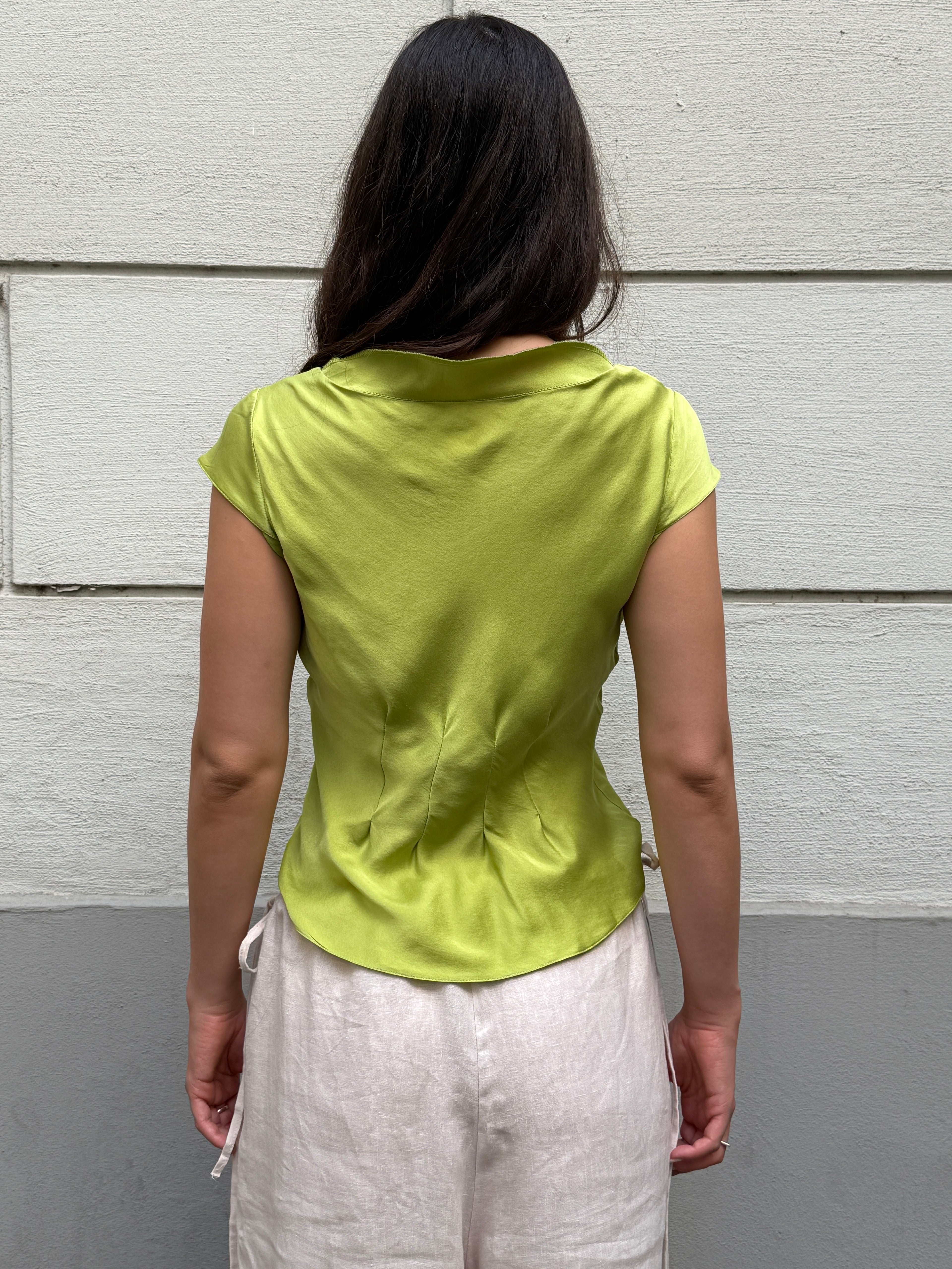 100% Silk Lime Green Tailor Made Cowl Neck Blouse S/M