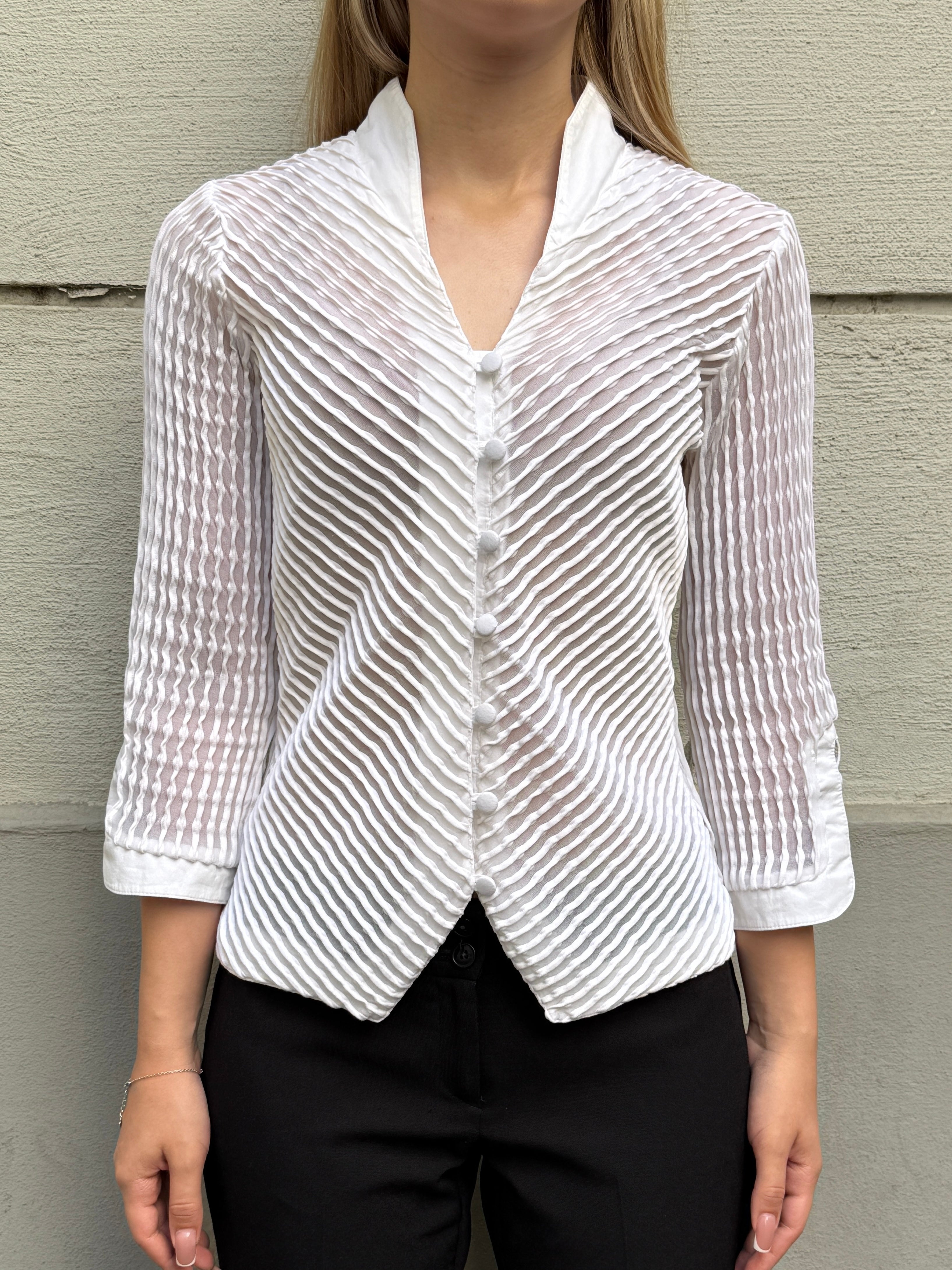 Vintage French White Textured Button Down Top S