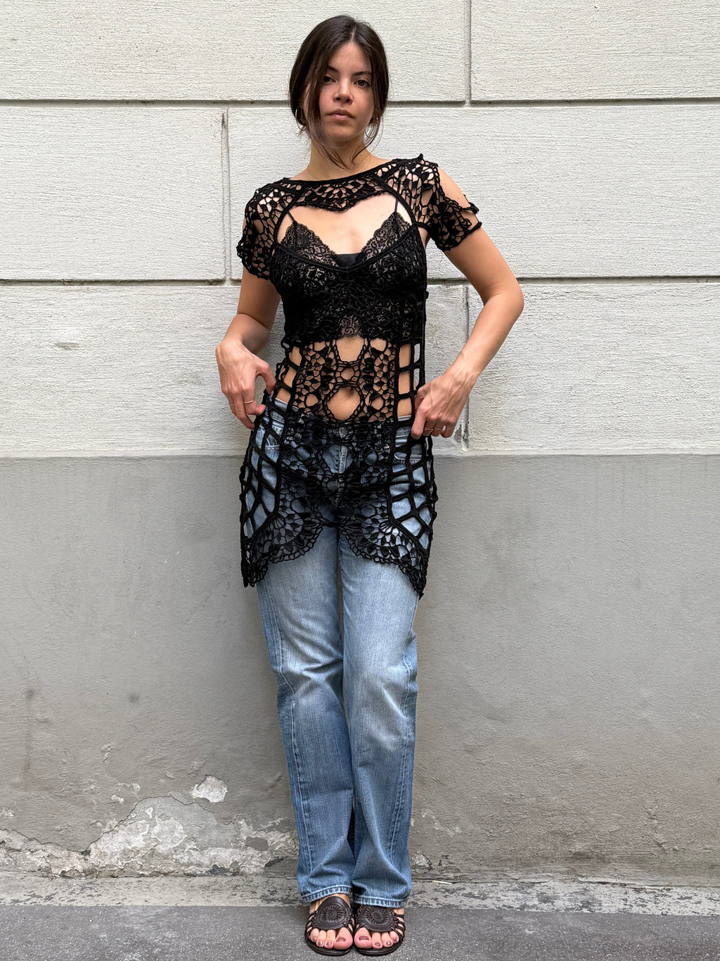 For Love & Lemons Black 100% Cotton Crochet Cover Up Dress