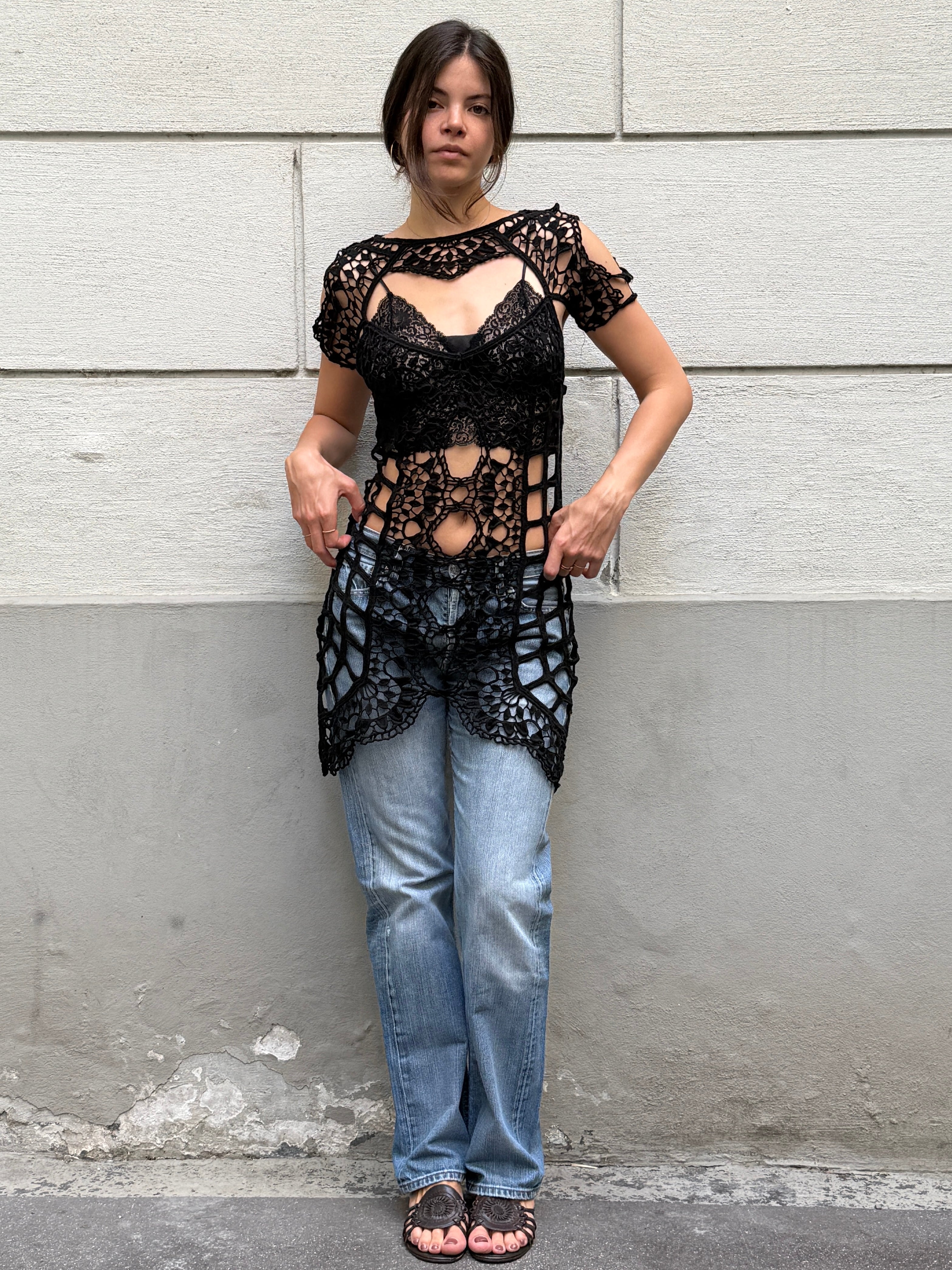 For Love & Lemons Black 100% Cotton Crochet Cover Up Dress