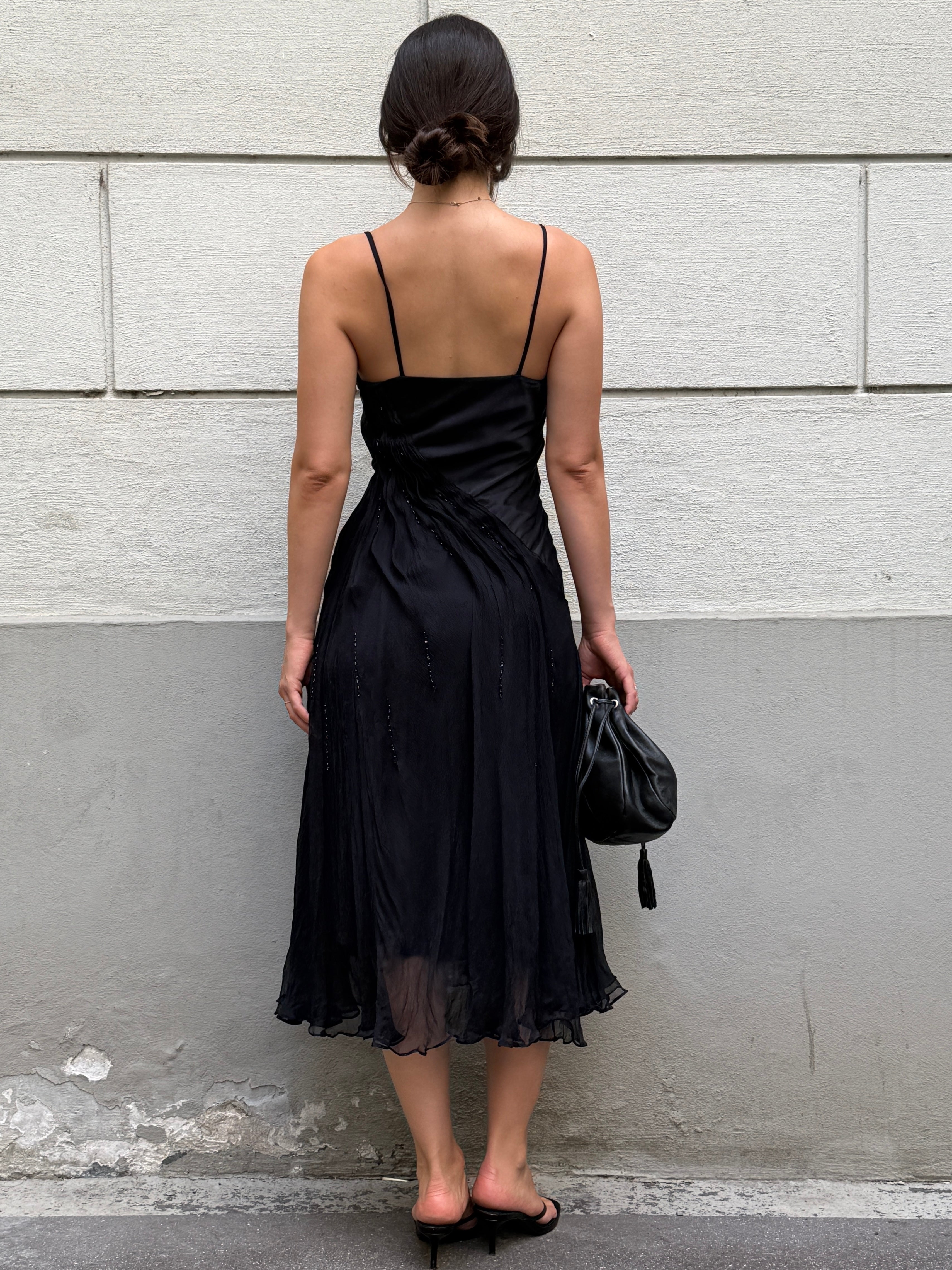 Vintage 100% Silk Black Sequin Bustier Midi Dress S