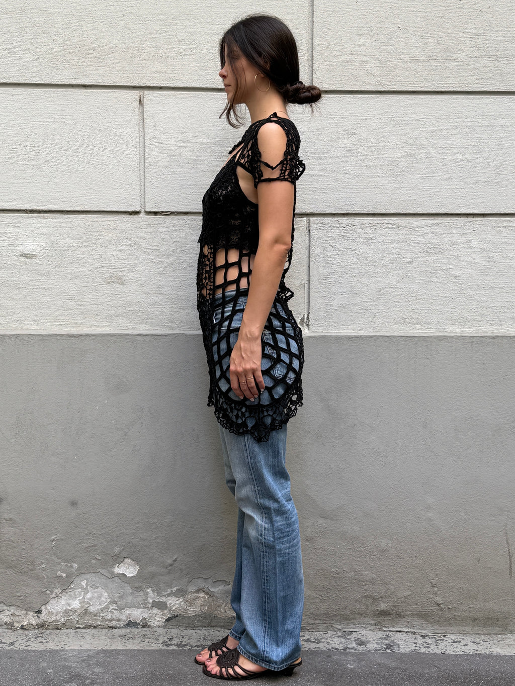 For Love & Lemons Black 100% Cotton Crochet Cover Up Dress