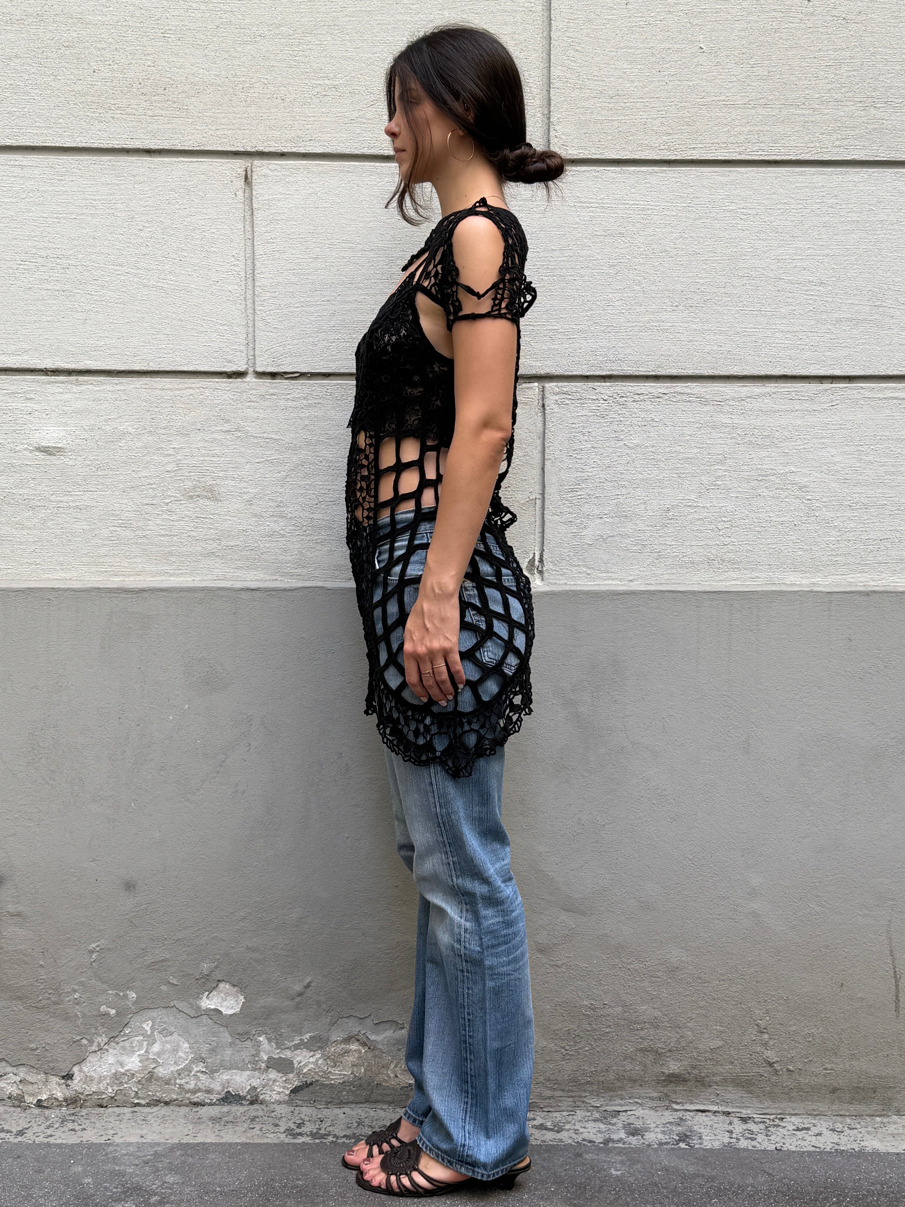 For Love & Lemons Black 100% Cotton Crochet Cover Up Dress
