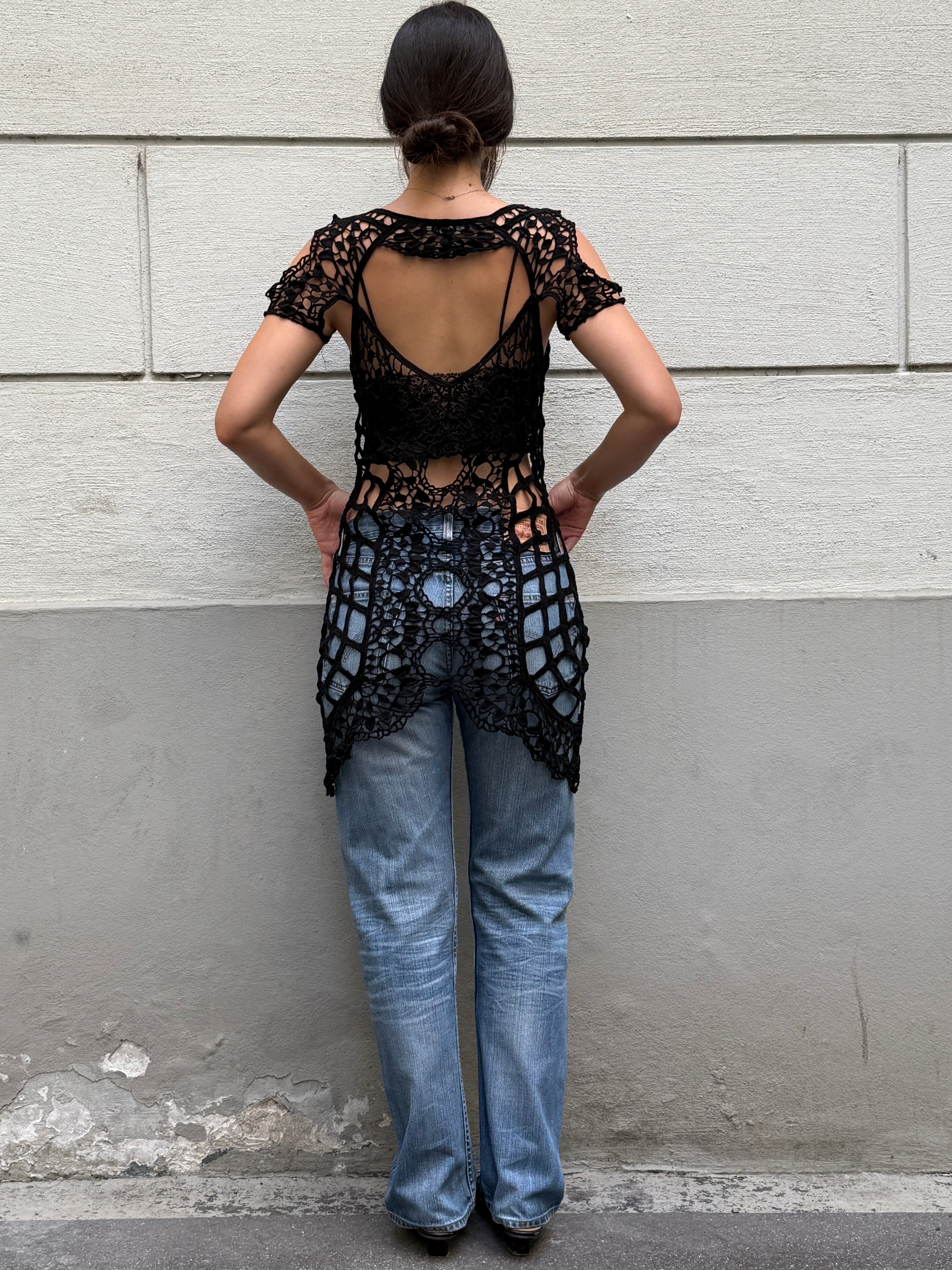For Love & Lemons Black 100% Cotton Crochet Cover Up Dress