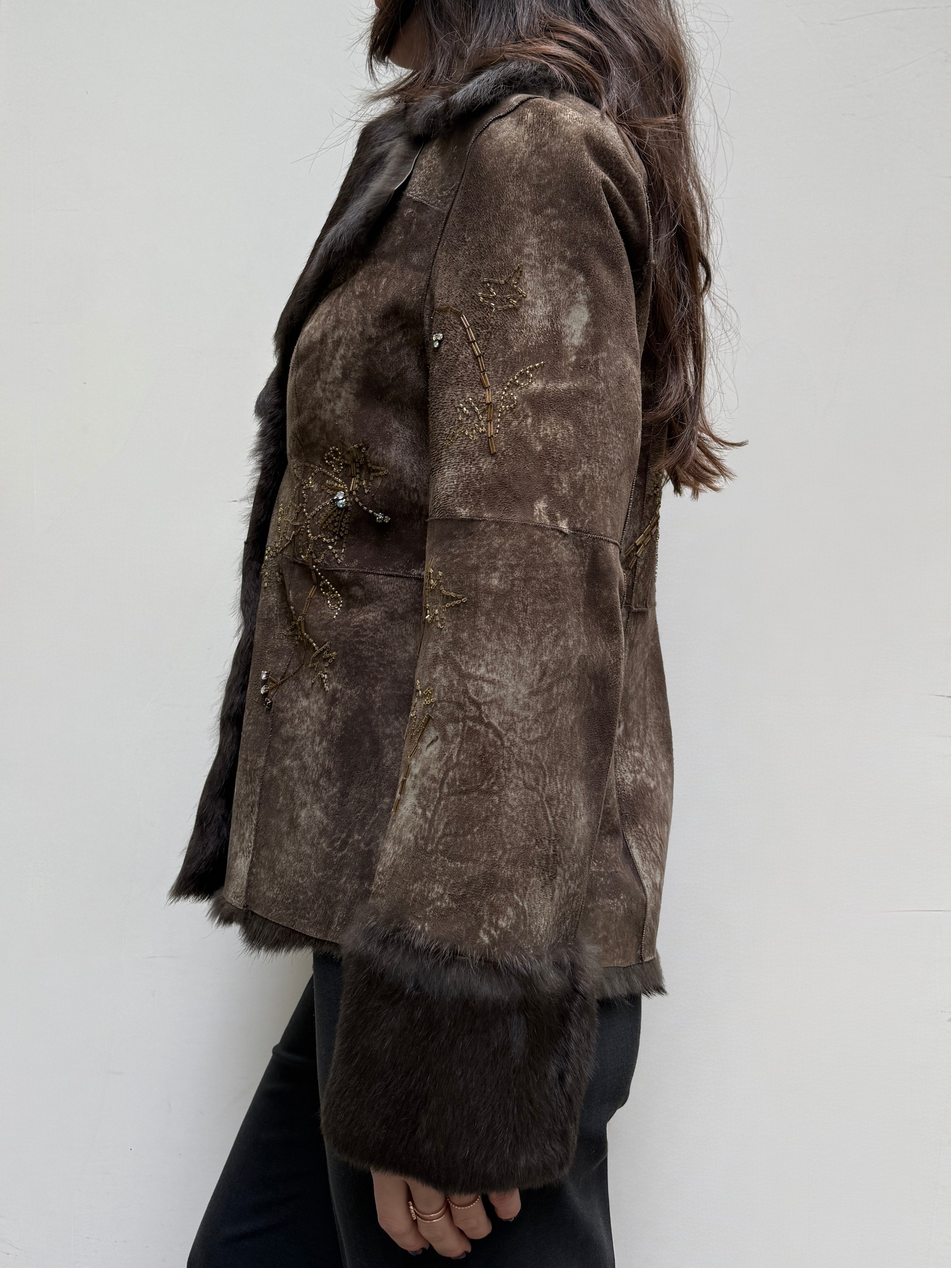 Vintage Rene Derhy 100% Genuine Brown Rabbit Fur & Sequin Jacket M