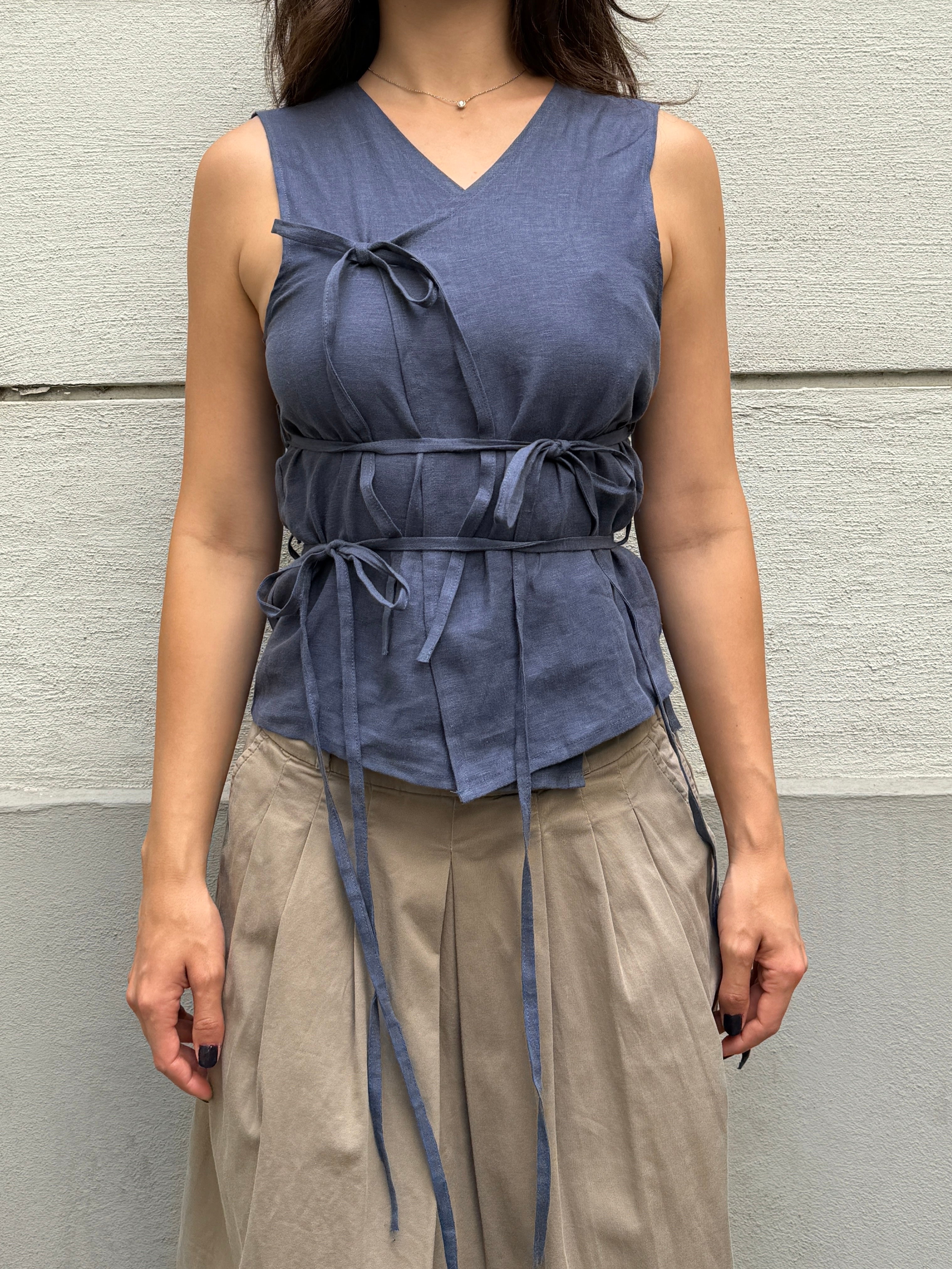 Japandi Linen Blue Mult Tie Top S/M