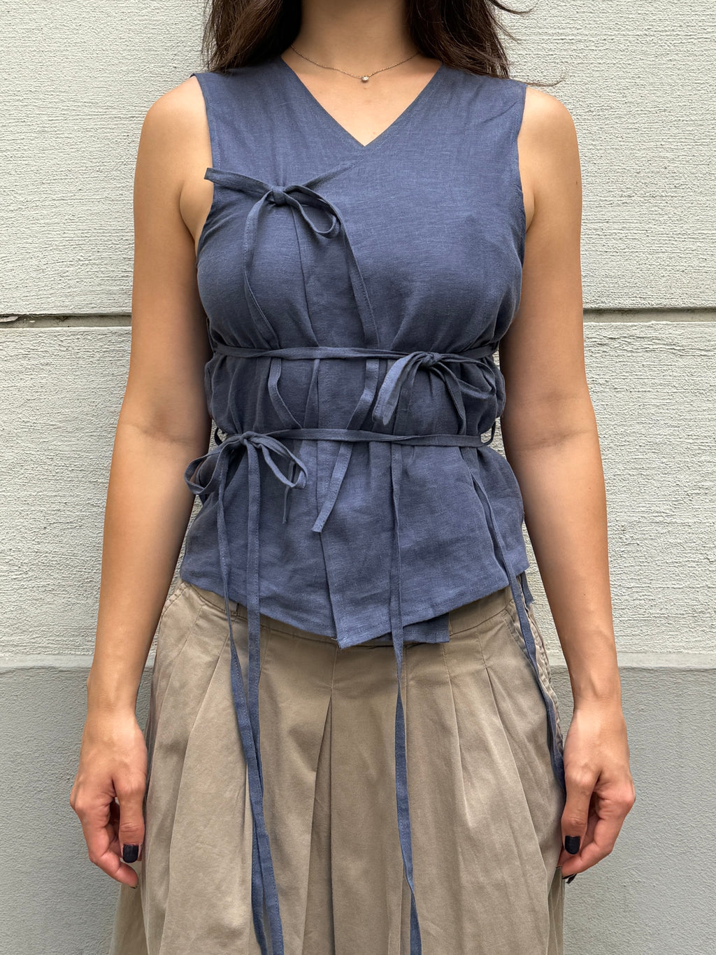 Japandi Linen Blue Mult Tie Top S/M
