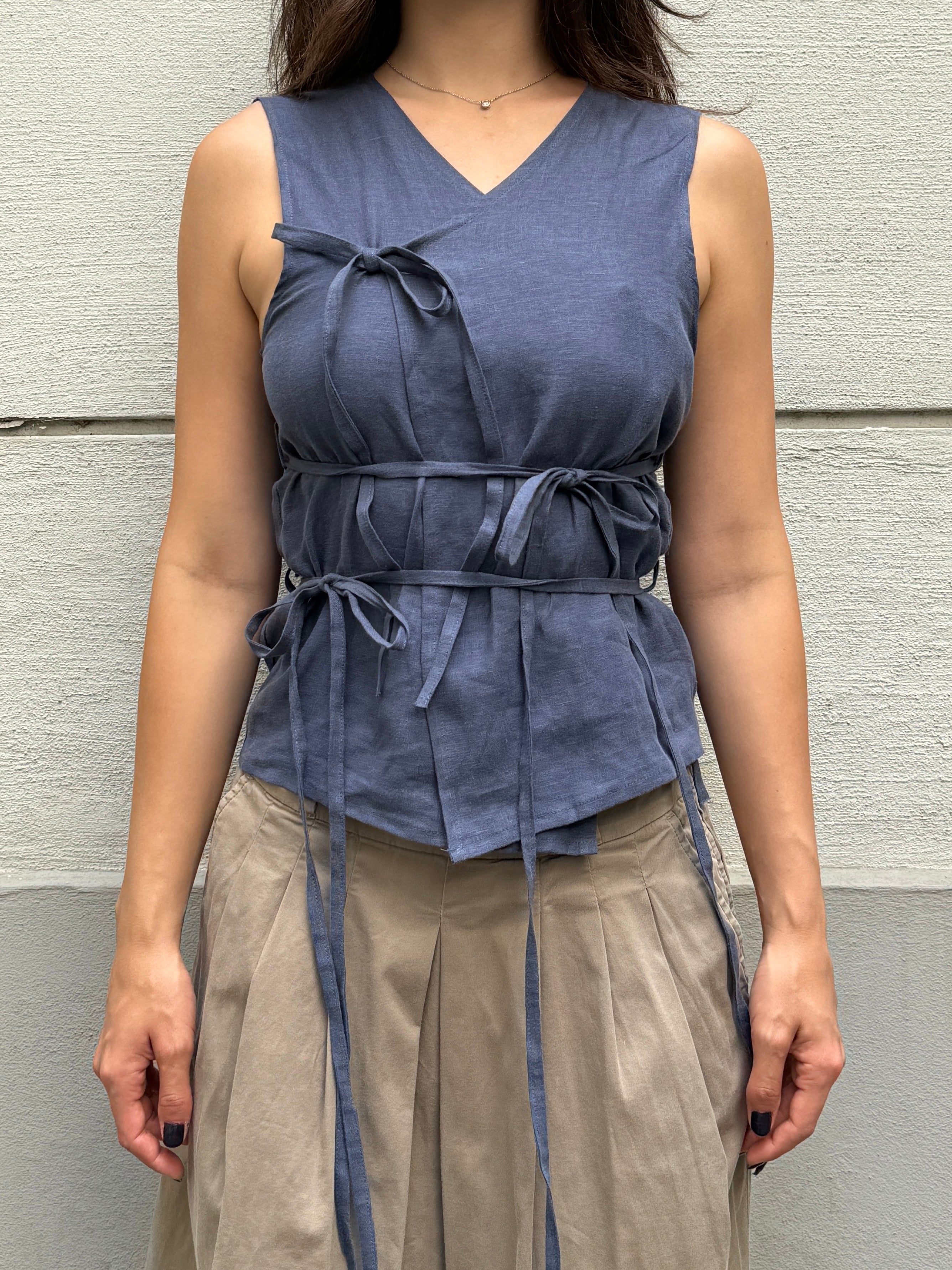 Japandi Linen Blue Mult Tie Top S/M