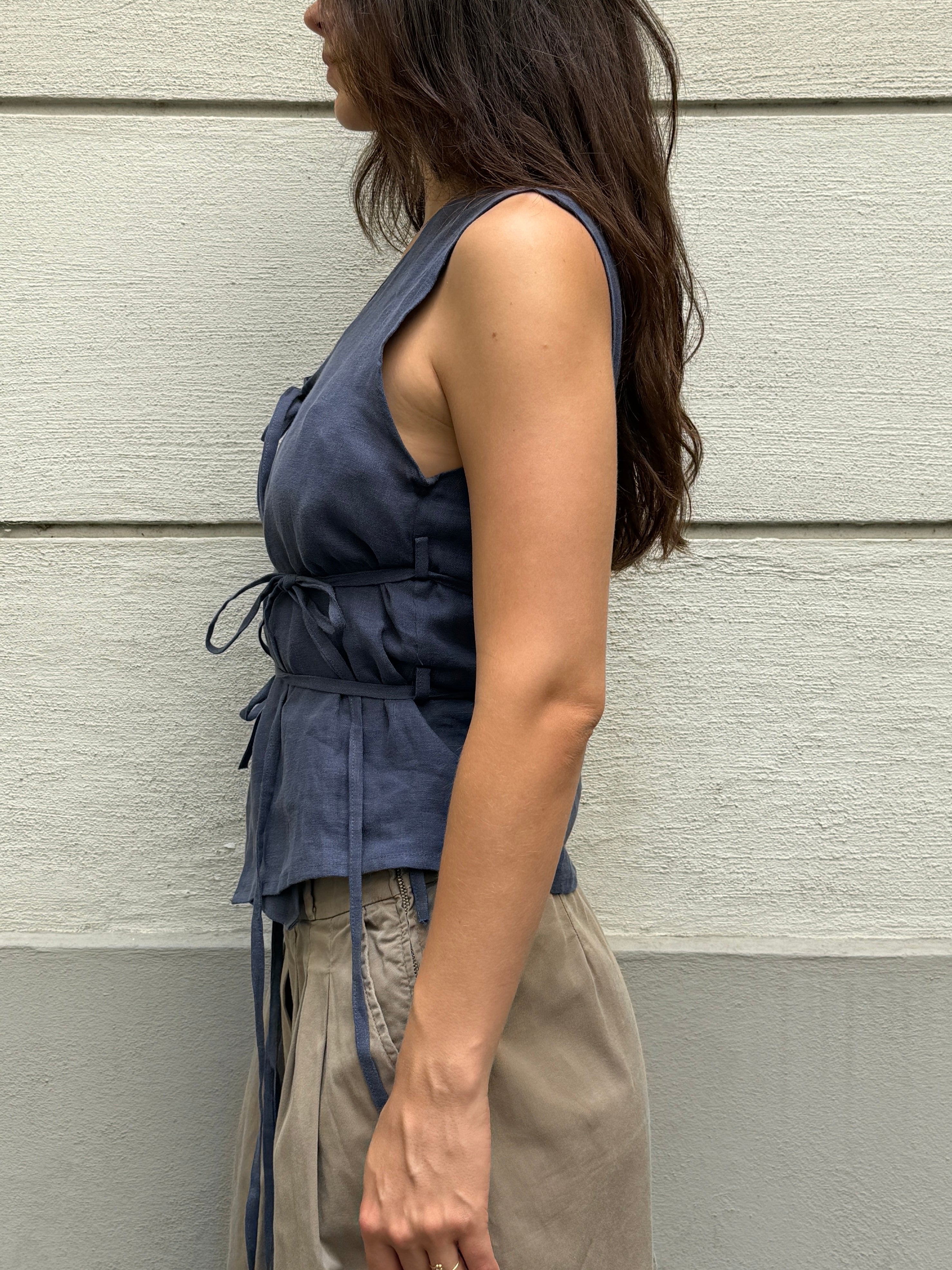 Japandi Linen Blue Mult Tie Top S/M
