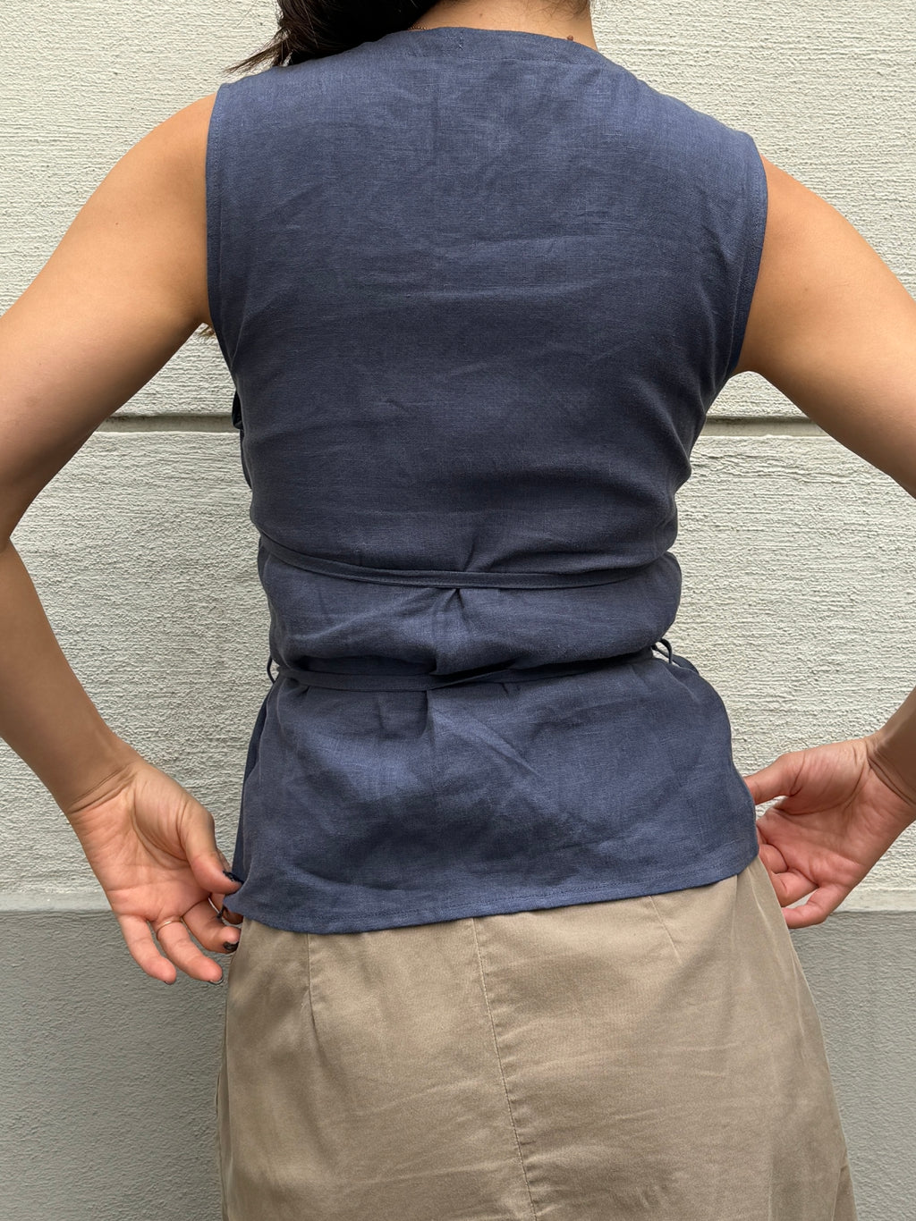 Japandi Linen Blue Mult Tie Top S/M