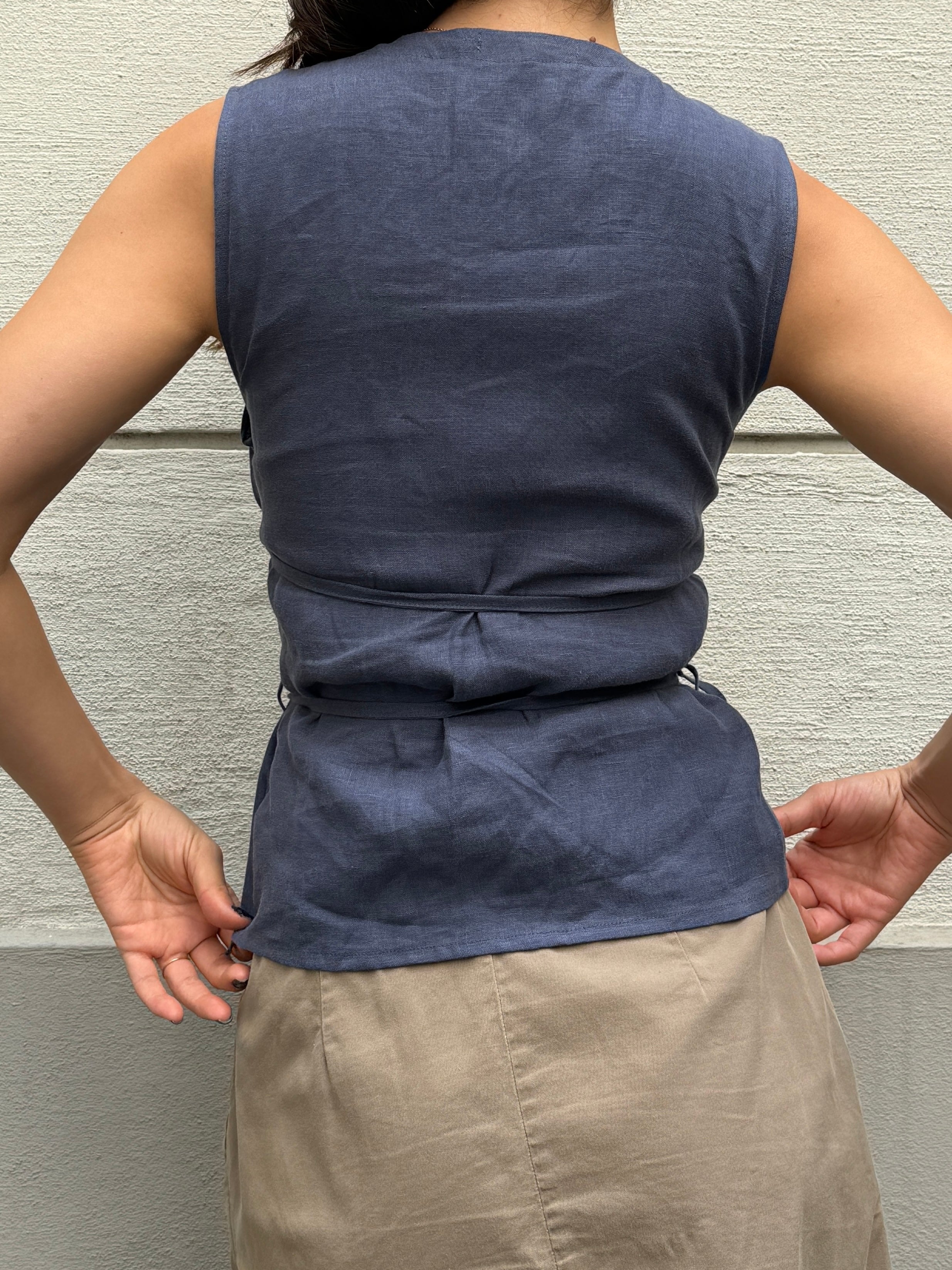 Japandi Linen Blue Mult Tie Top S/M