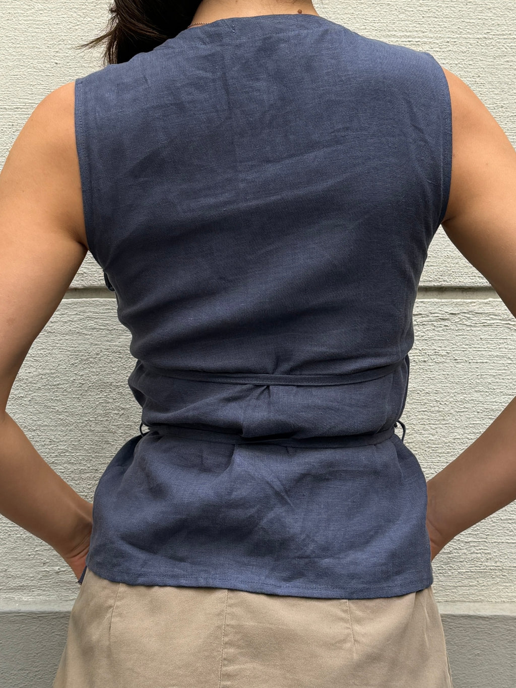 Japandi Linen Blue Mult Tie Top S/M