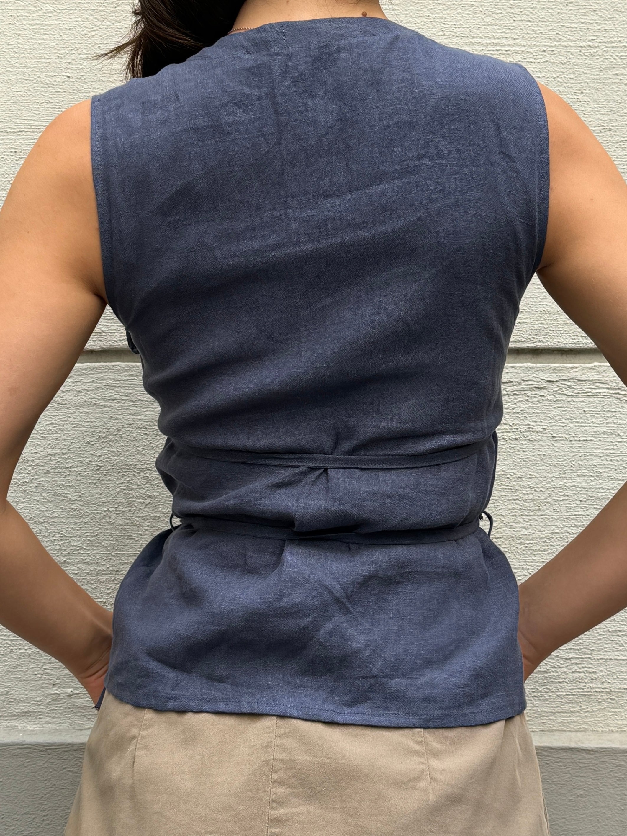 Japandi Linen Blue Mult Tie Top S/M
