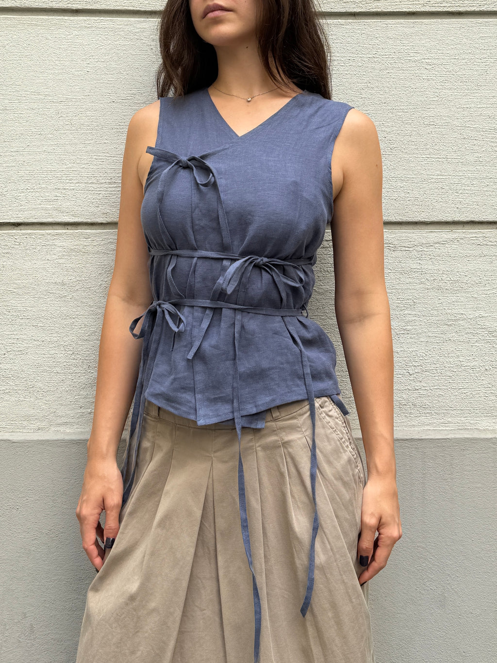 Japandi Linen Blue Mult Tie Top S/M
