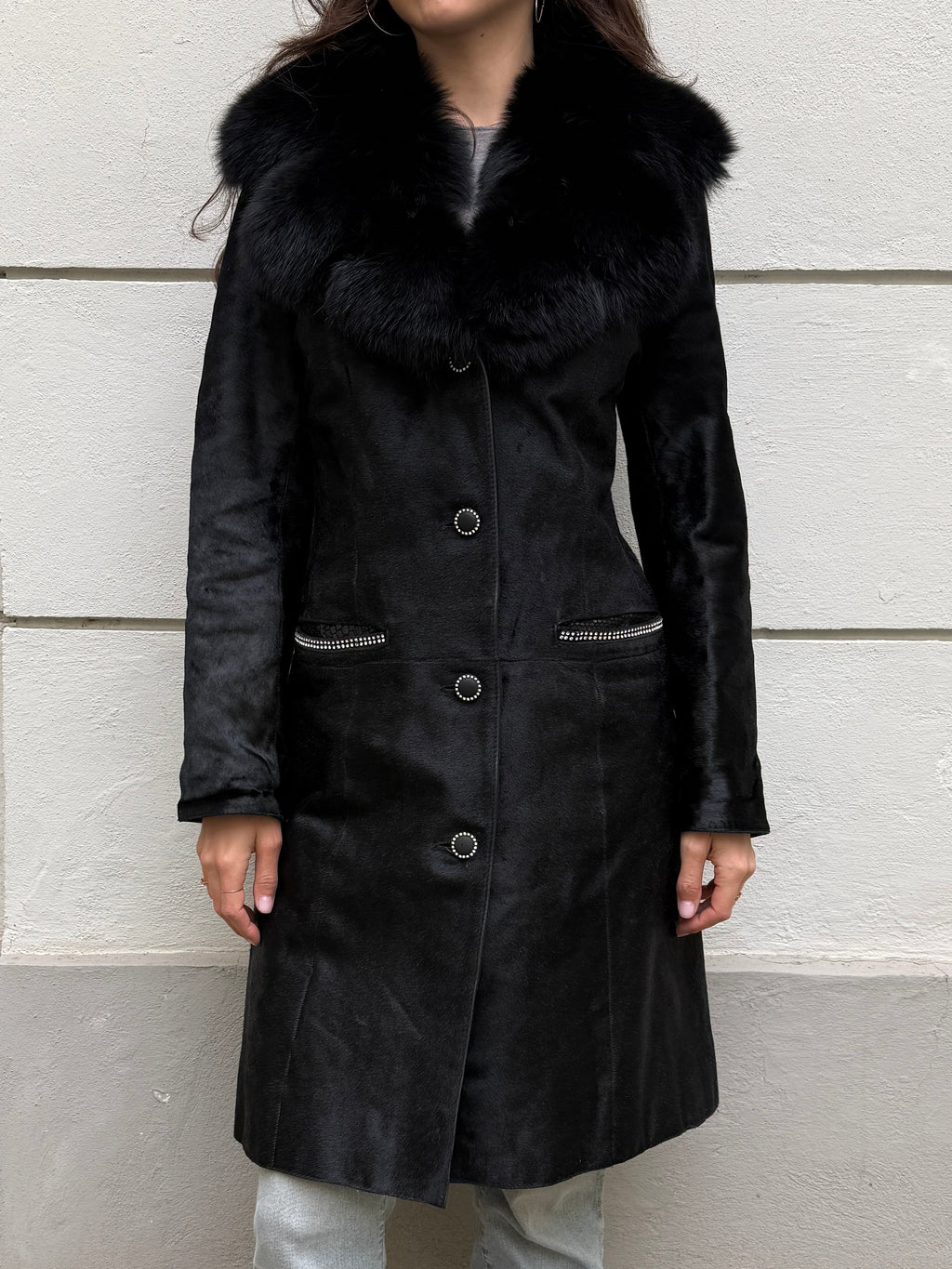 Vintage Y2K 100% Genuine Black Pony Hair (Cowhide) & Fur Trim Coat M