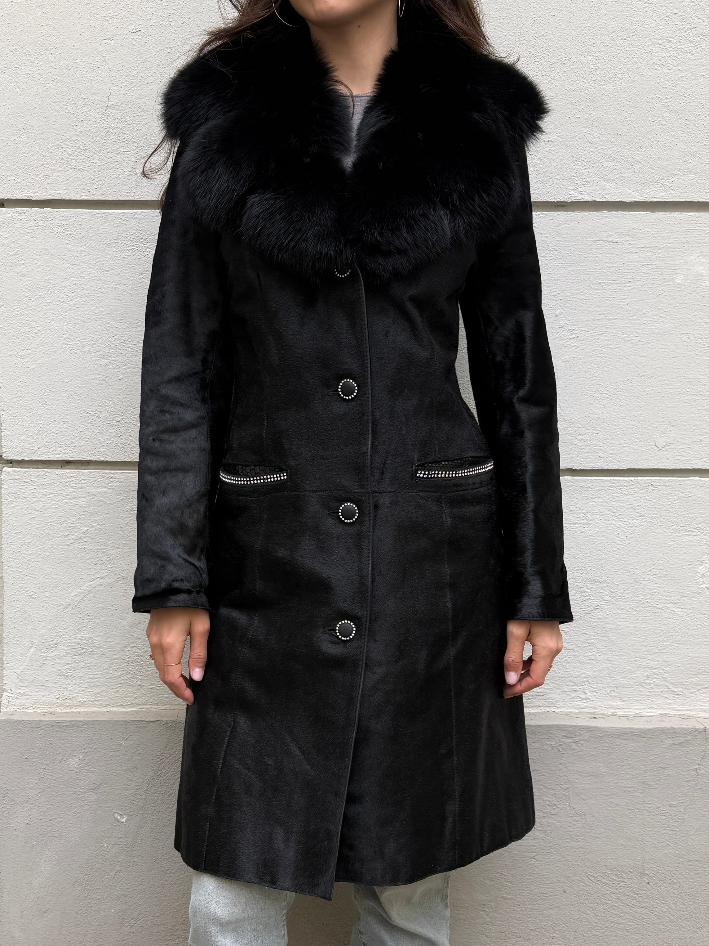 Vintage Y2K 100% Genuine Black Pony Hair (Cowhide) & Fur Trim Coat M