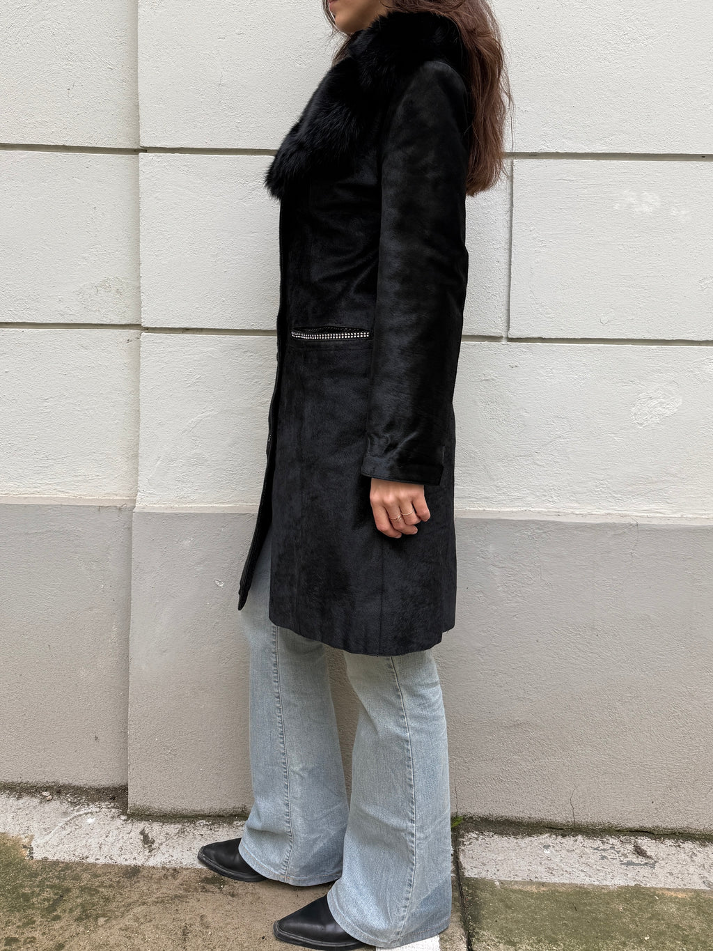 Vintage Y2K 100% Genuine Black Pony Hair (Cowhide) & Fur Trim Coat M