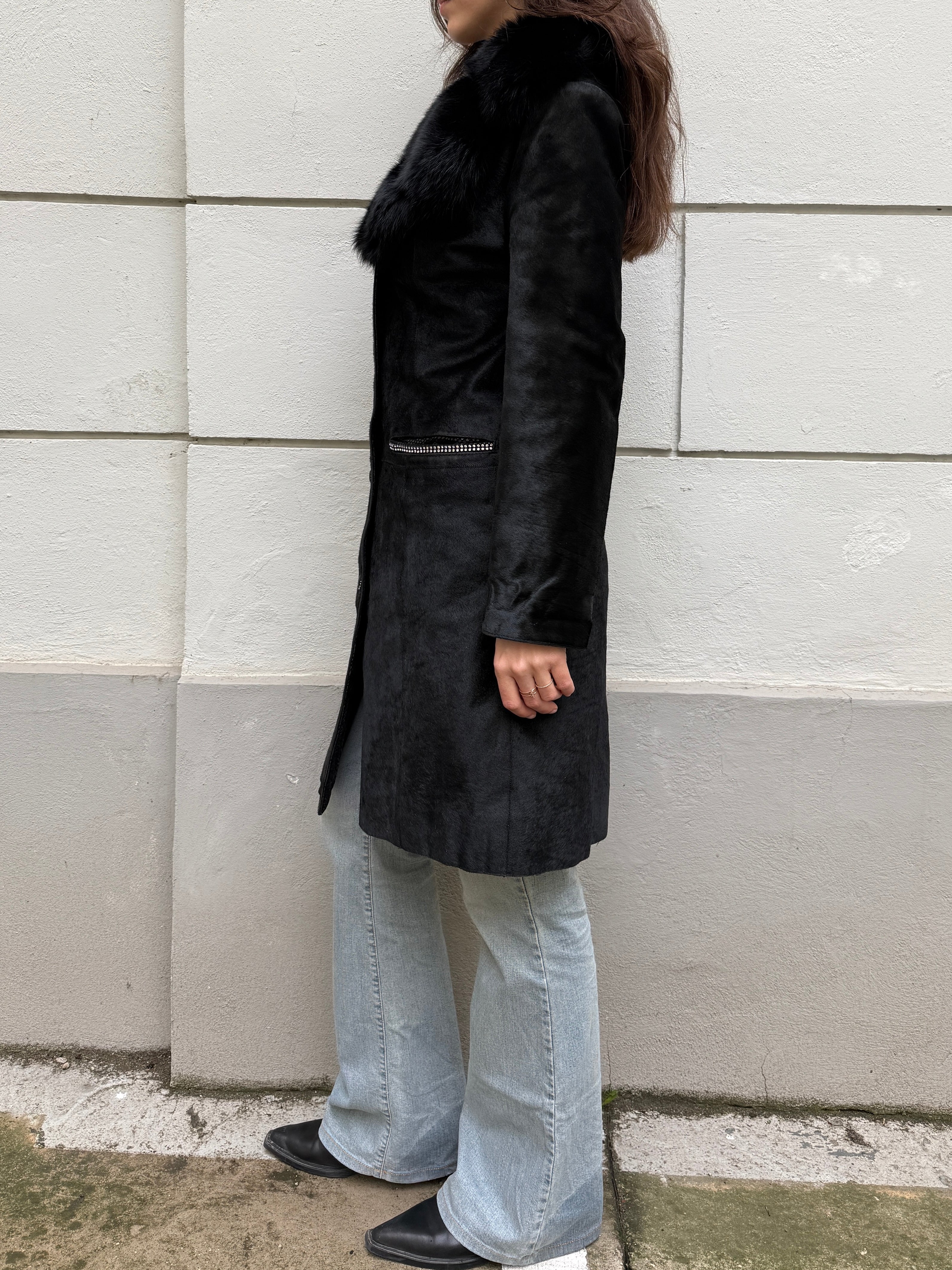 Vintage Y2K 100% Genuine Black Pony Hair (Cowhide) & Fur Trim Coat M