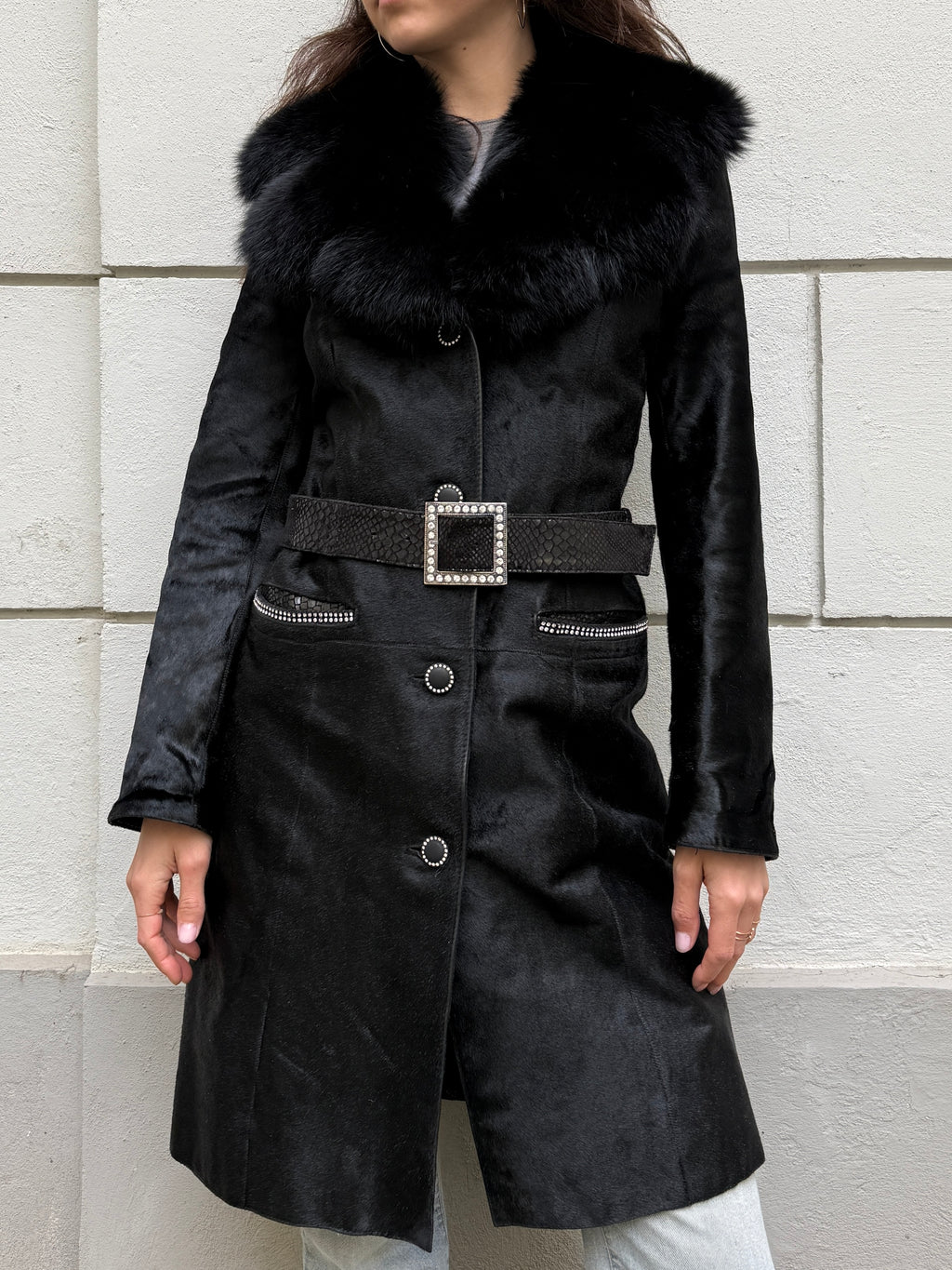 Vintage Y2K 100% Genuine Black Pony Hair (Cowhide) & Fur Trim Coat M