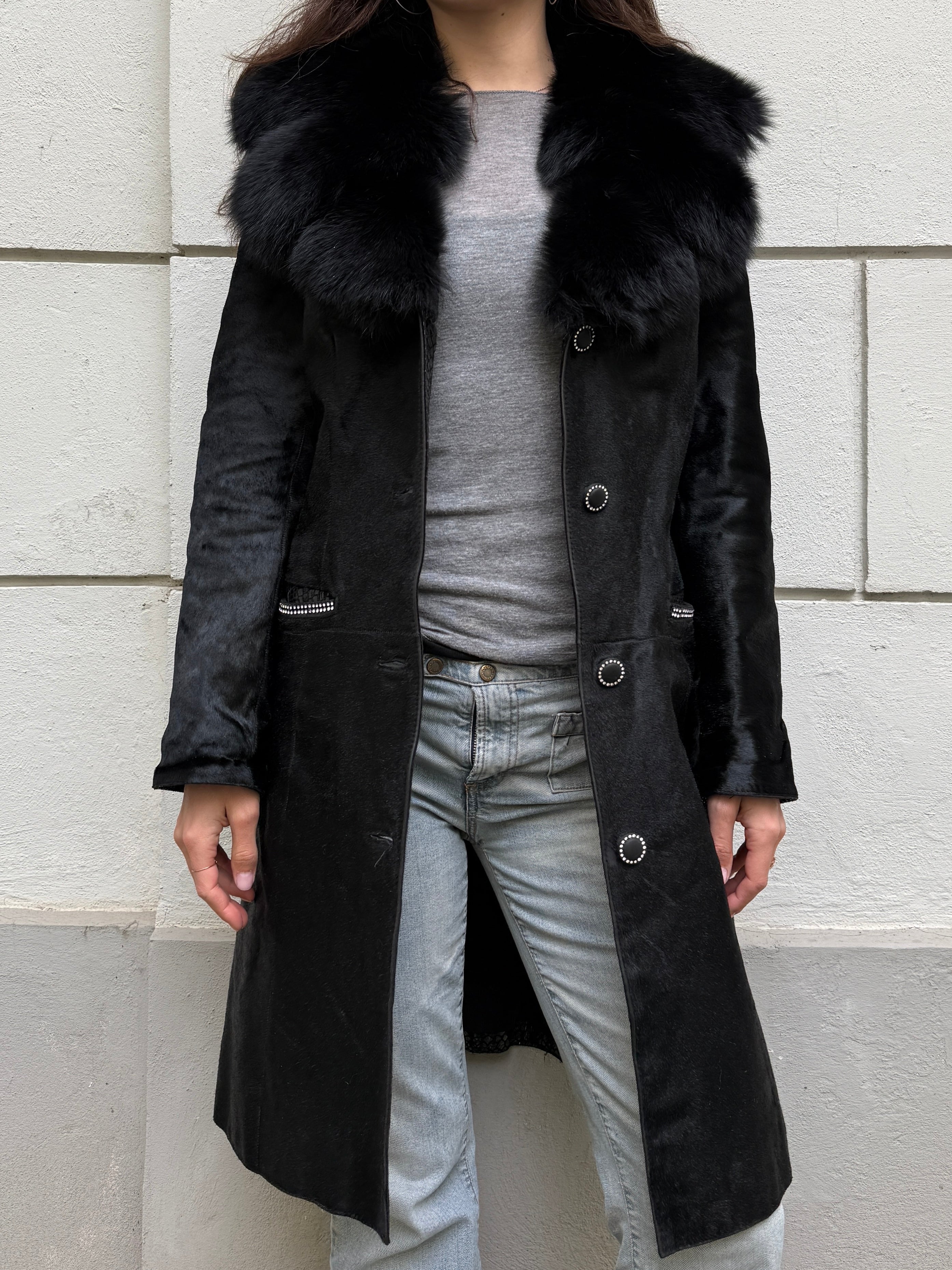 Vintage Y2K 100% Genuine Black Pony Hair (Cowhide) & Fur Trim Coat M