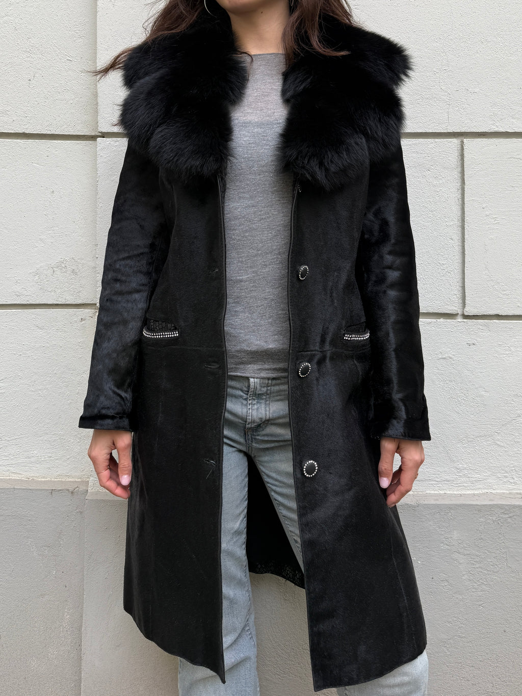 Vintage Y2K 100% Genuine Black Pony Hair (Cowhide) & Fur Trim Coat M