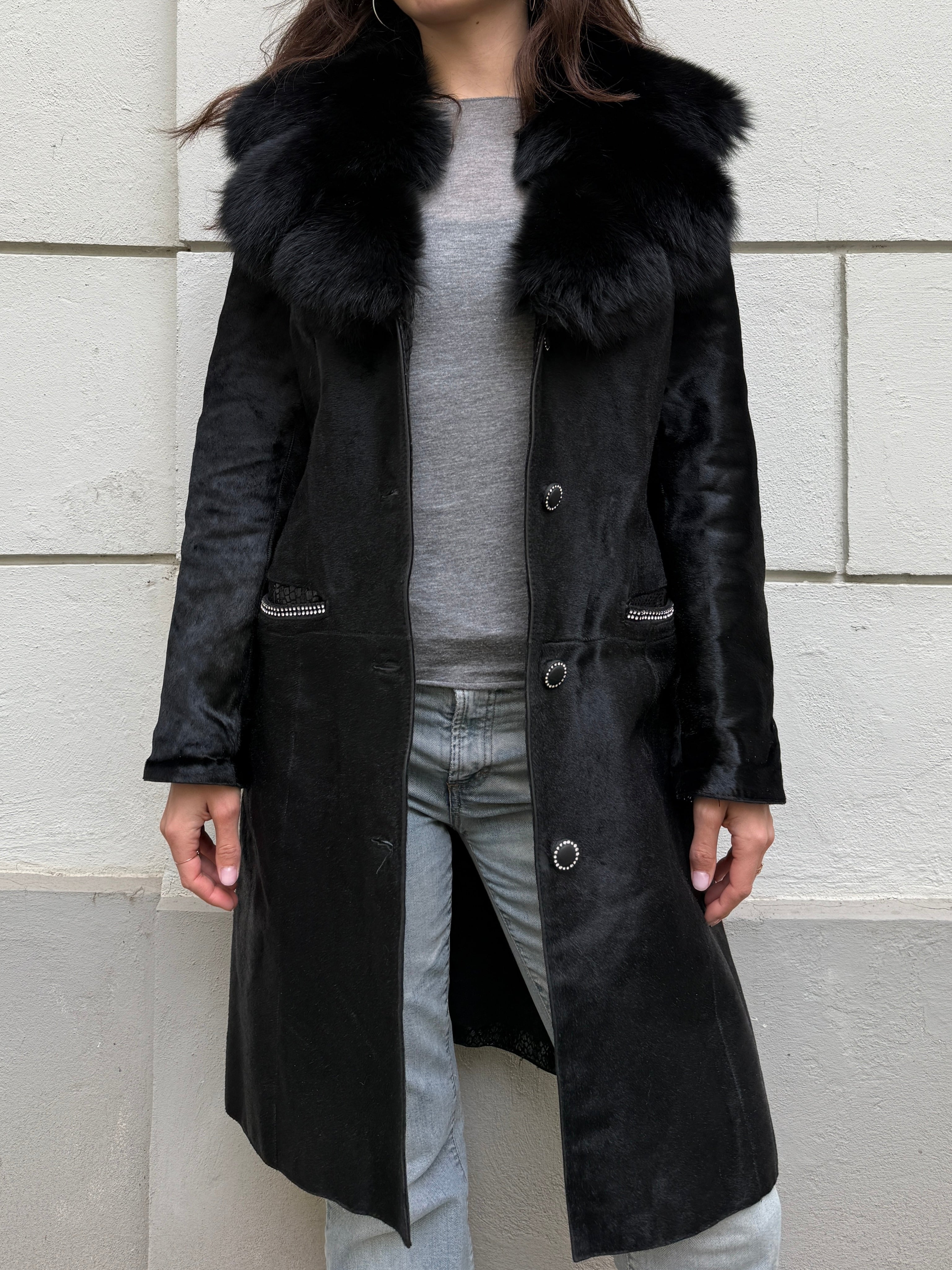 Vintage Y2K 100% Genuine Black Pony Hair (Cowhide) & Fur Trim Coat M