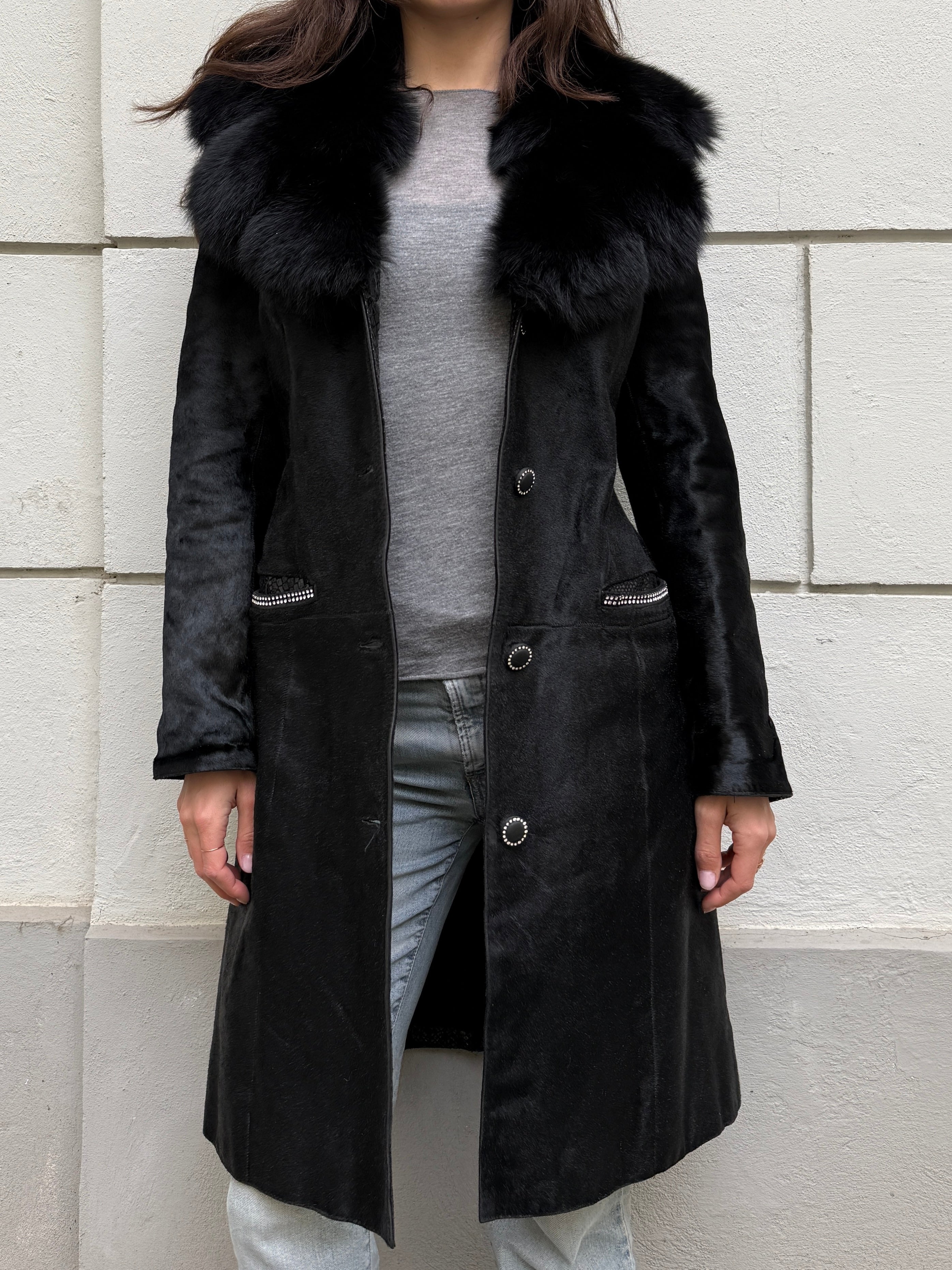 Vintage Y2K 100% Genuine Black Pony Hair (Cowhide) & Fur Trim Coat M