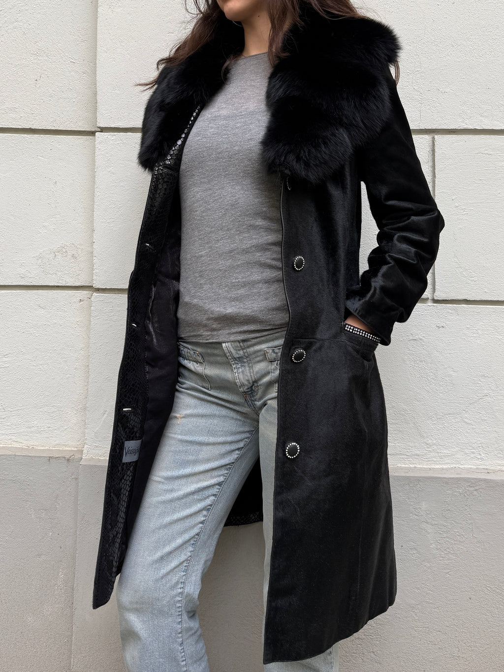 Vintage Y2K 100% Genuine Black Pony Hair (Cowhide) & Fur Trim Coat M