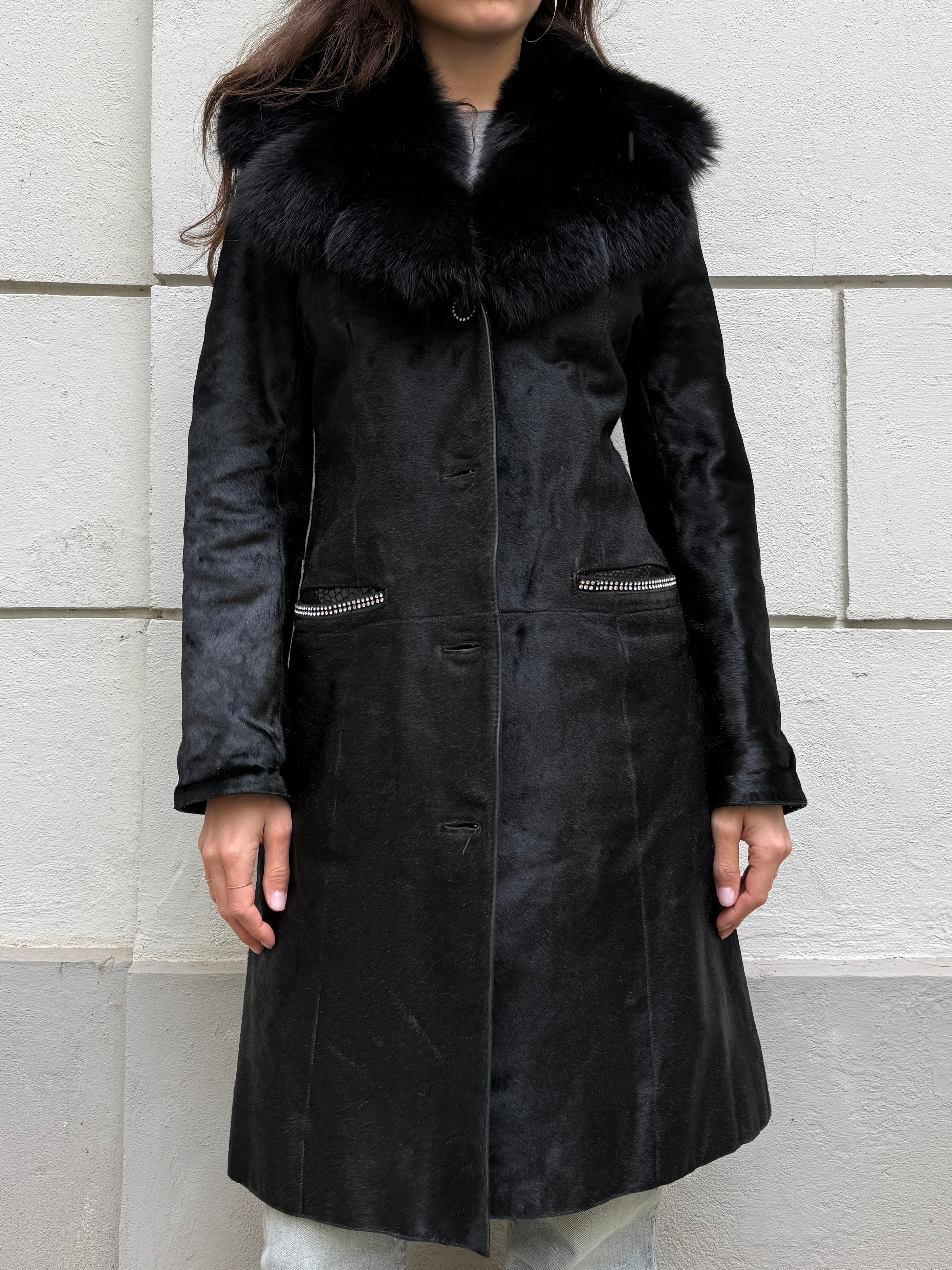 Vintage Y2K 100% Genuine Black Pony Hair (Cowhide) & Fur Trim Coat M