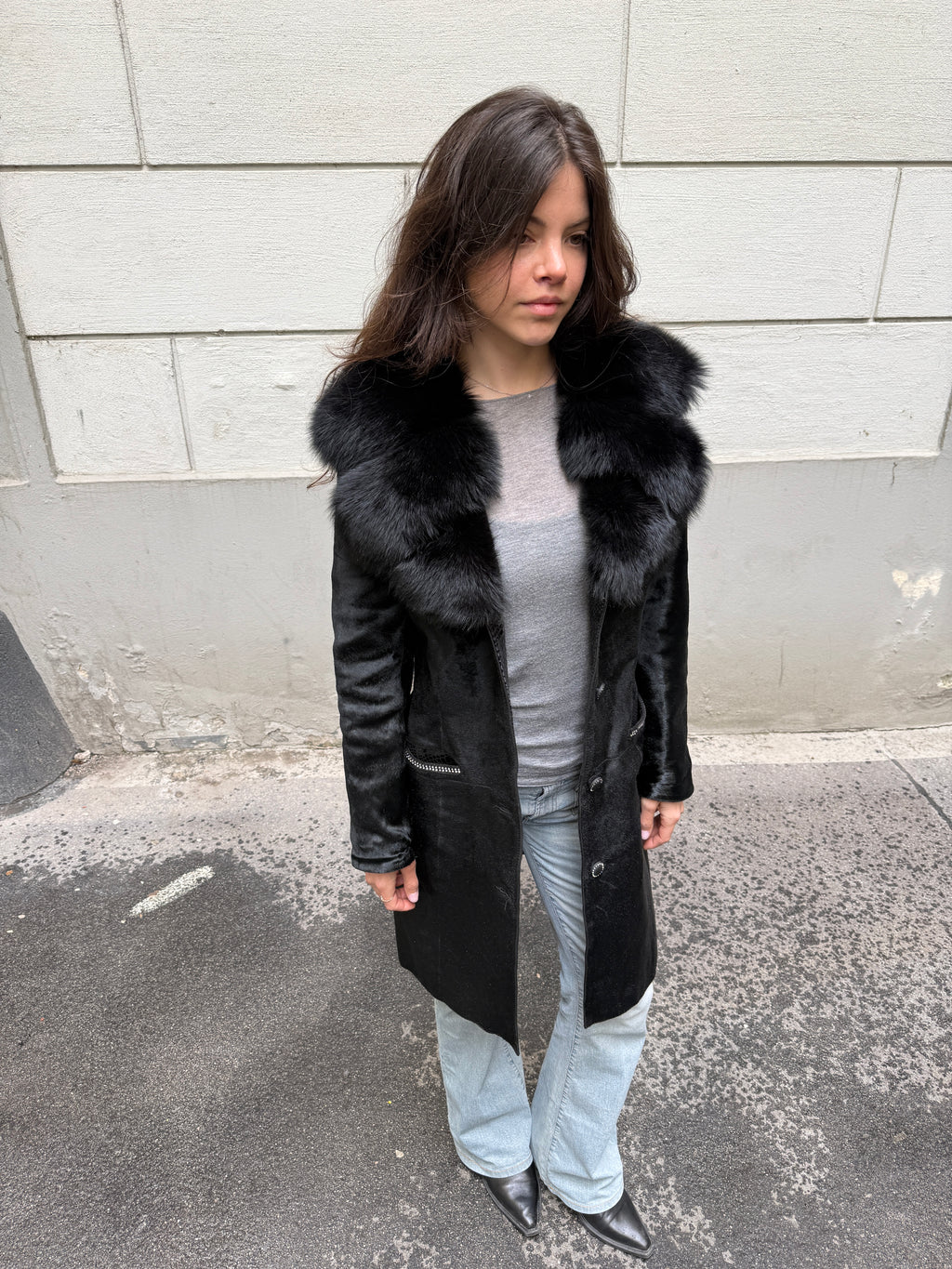 Vintage Y2K 100% Genuine Black Pony Hair (Cowhide) & Fur Trim Coat M