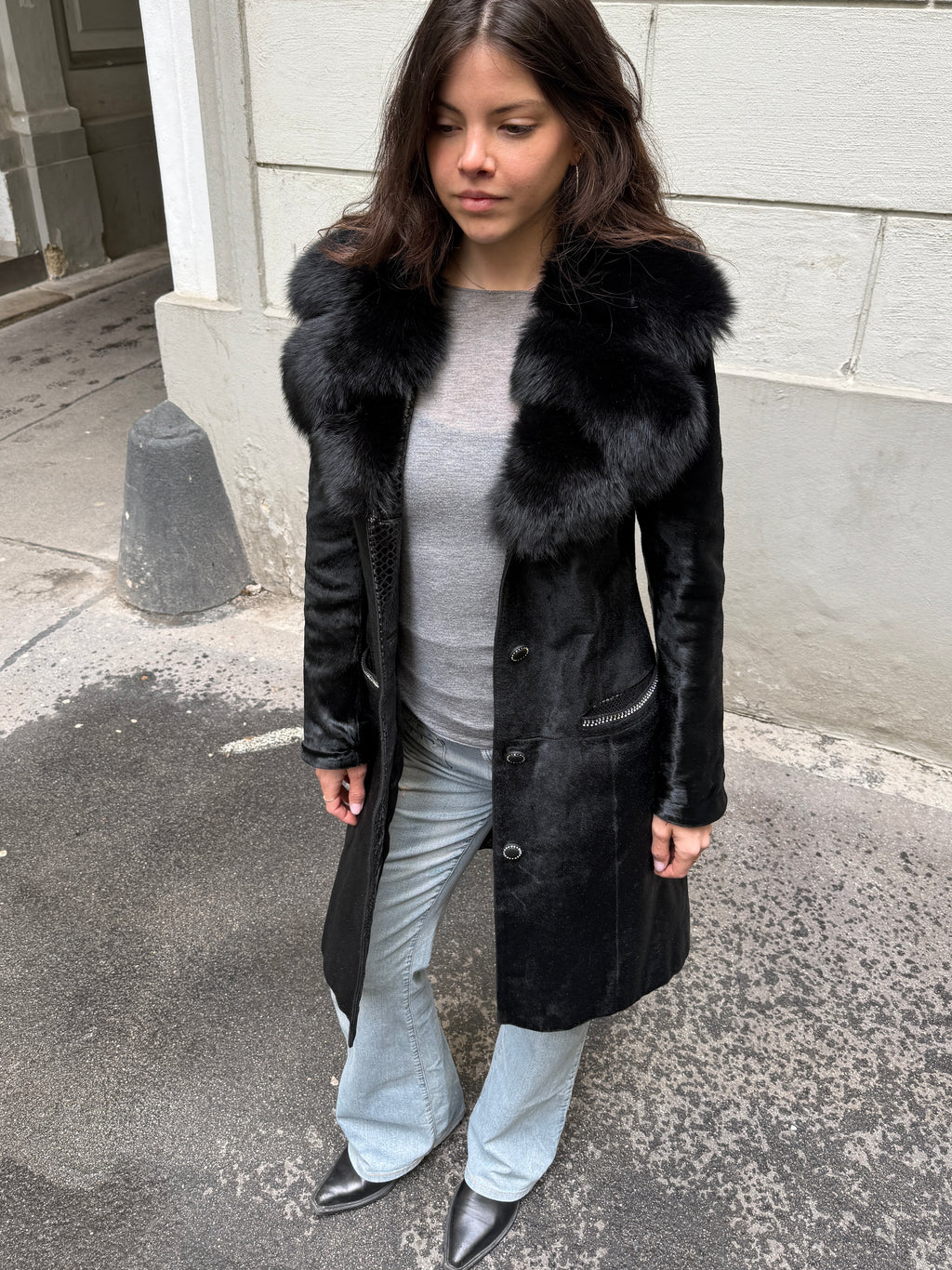 Vintage Y2K 100% Genuine Black Pony Hair (Cowhide) & Fur Trim Coat M