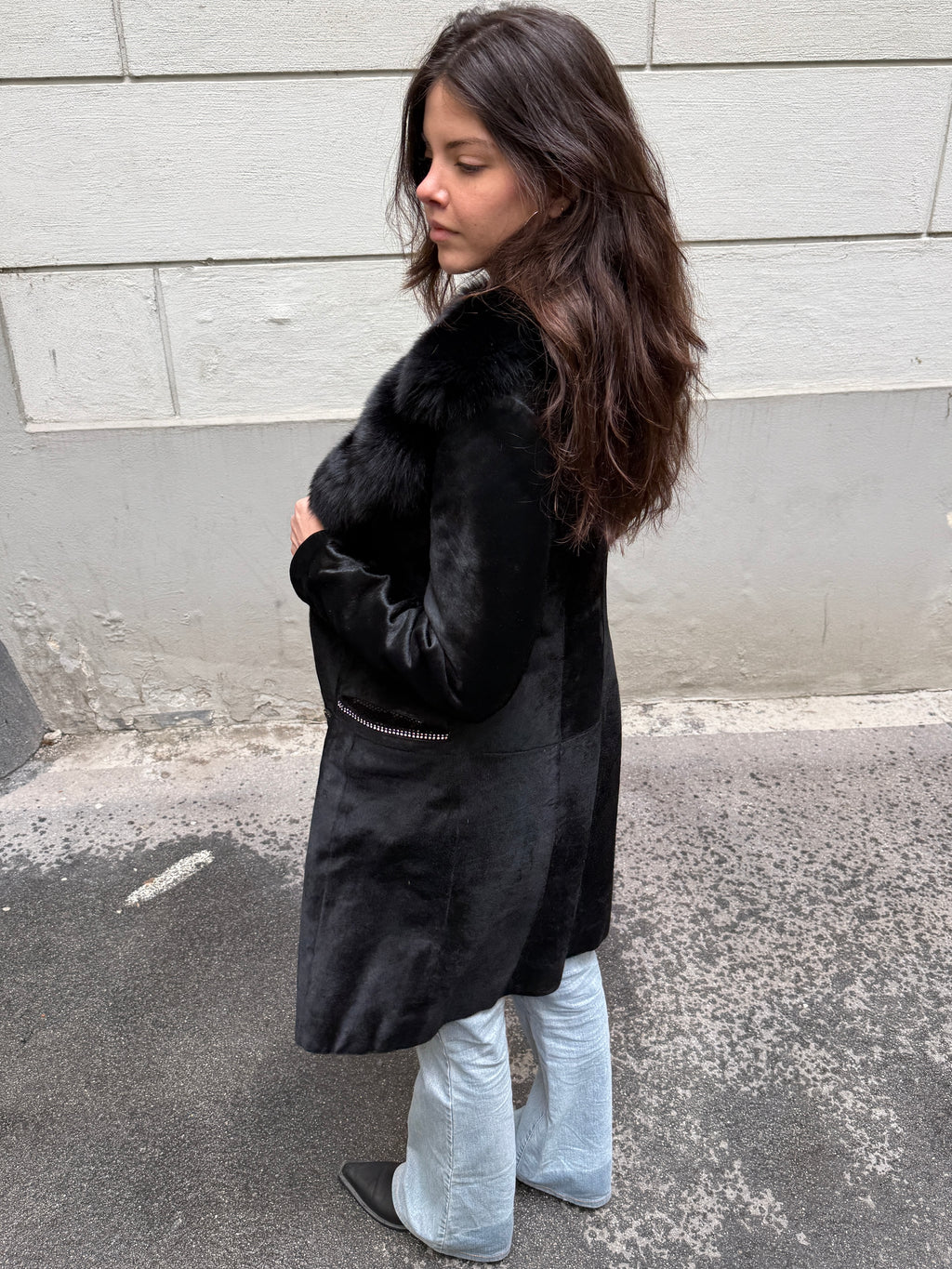 Vintage Y2K 100% Genuine Black Pony Hair (Cowhide) & Fur Trim Coat M